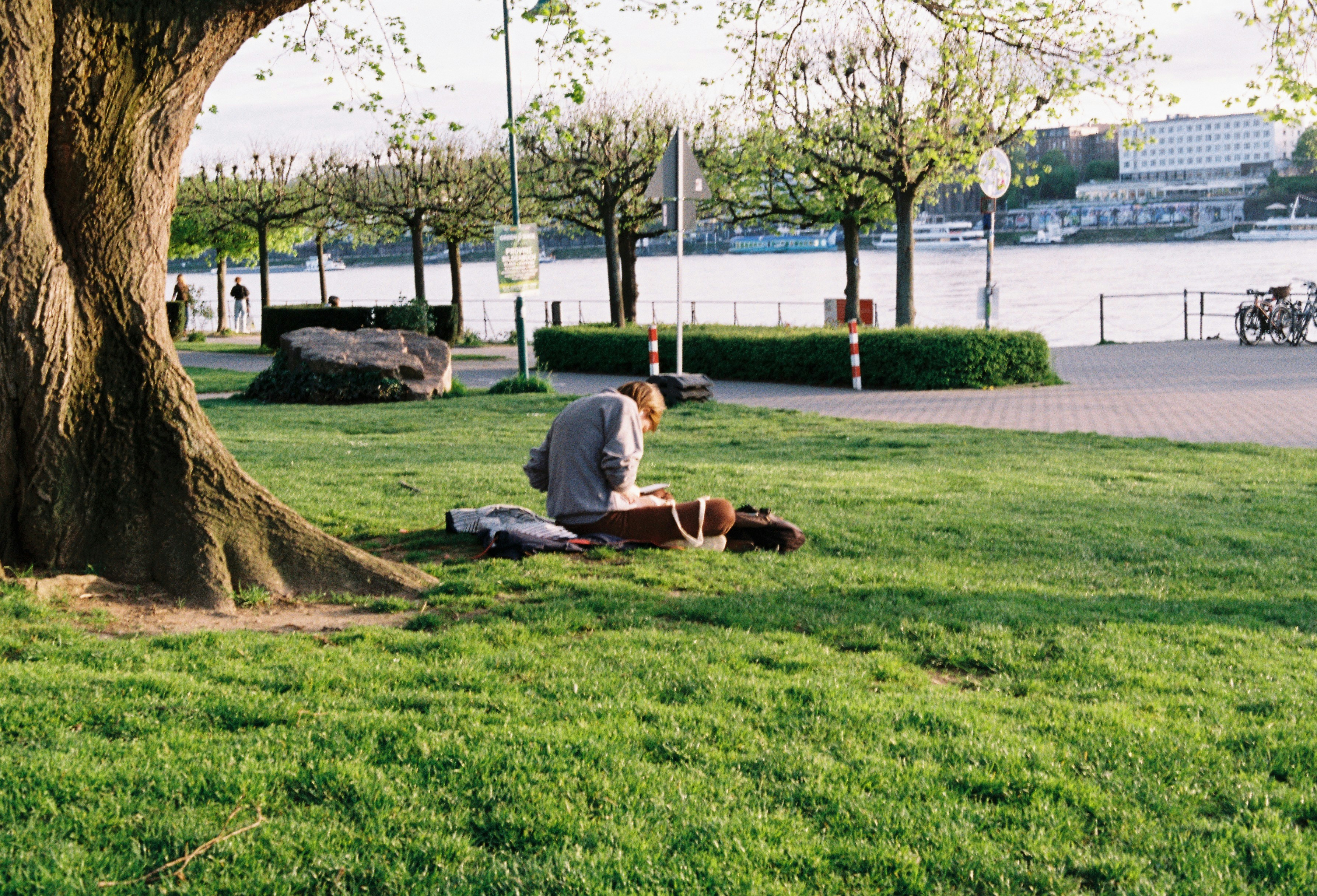 Person sitting on grass with dog by a river