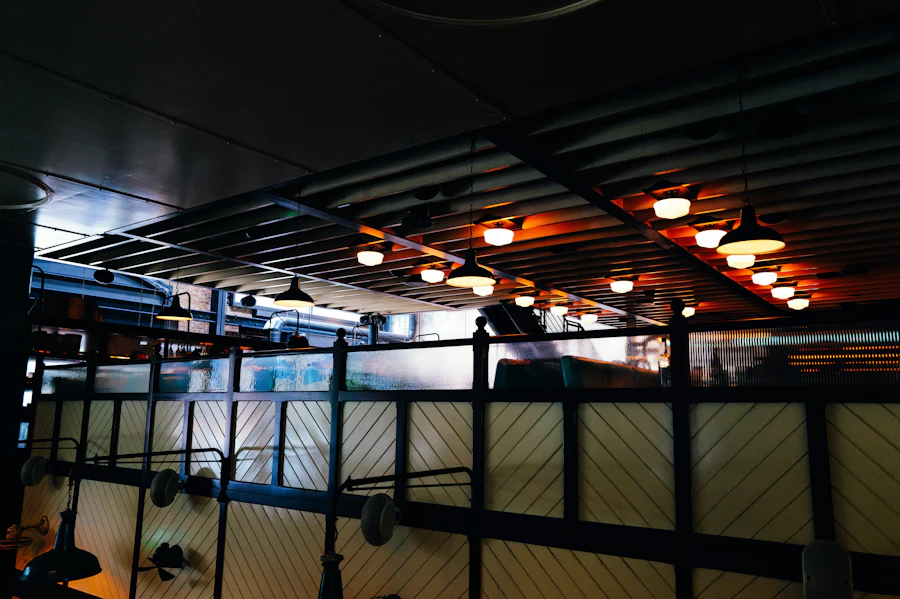 Restaurant interior with pendant lights overhead