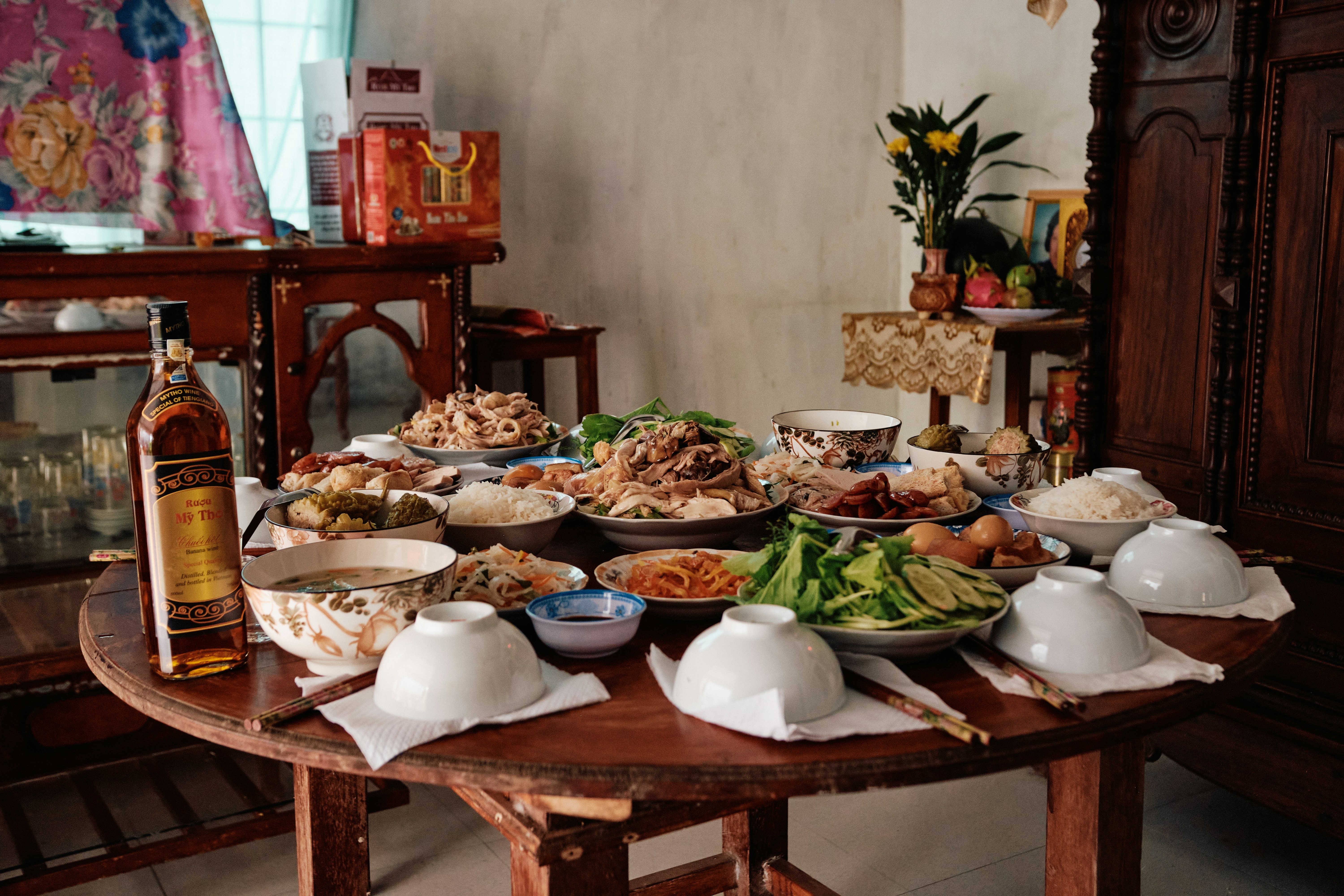 A table laden with a feast of various dishes.