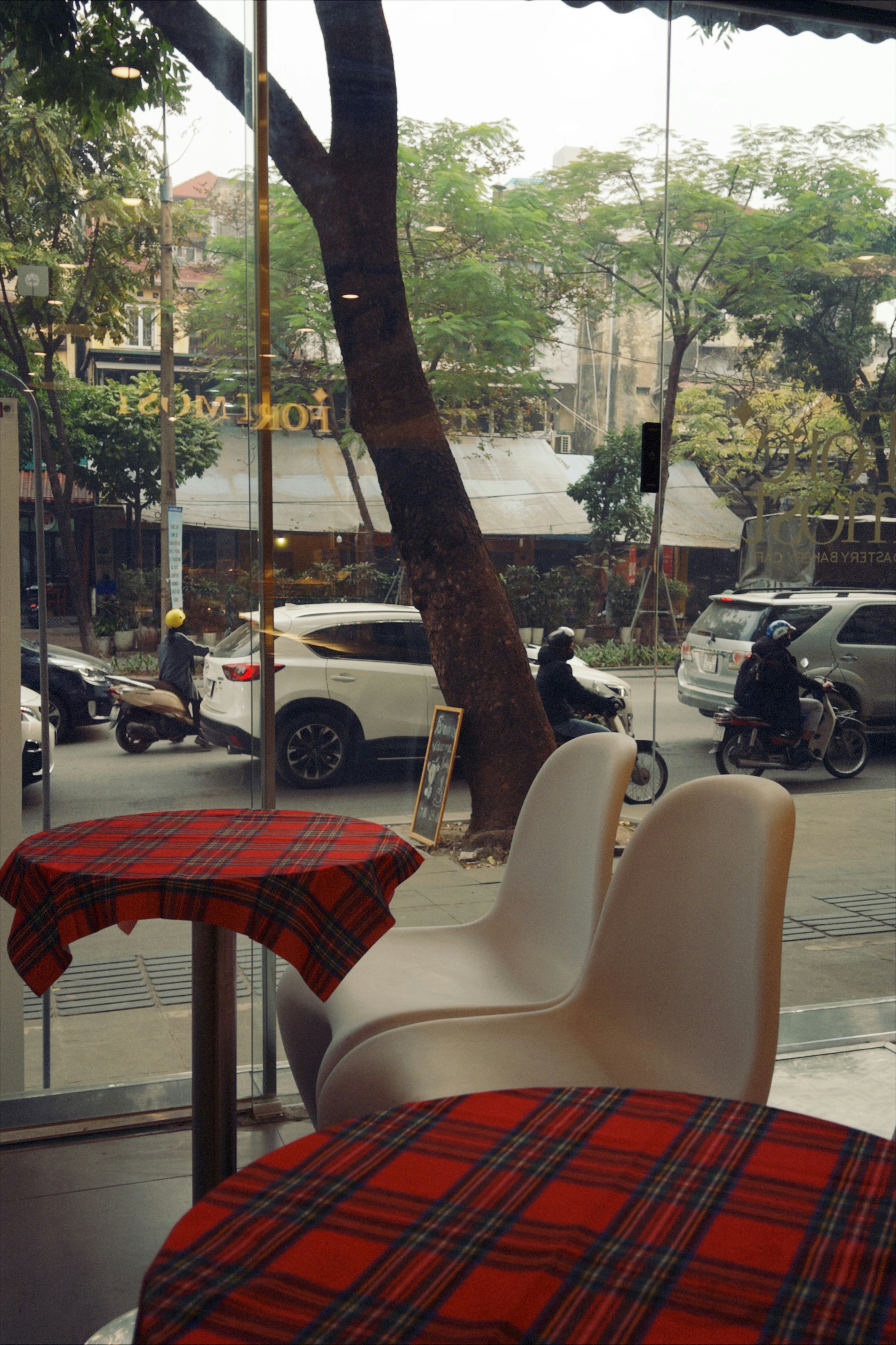 Cafe tables and chairs with street view