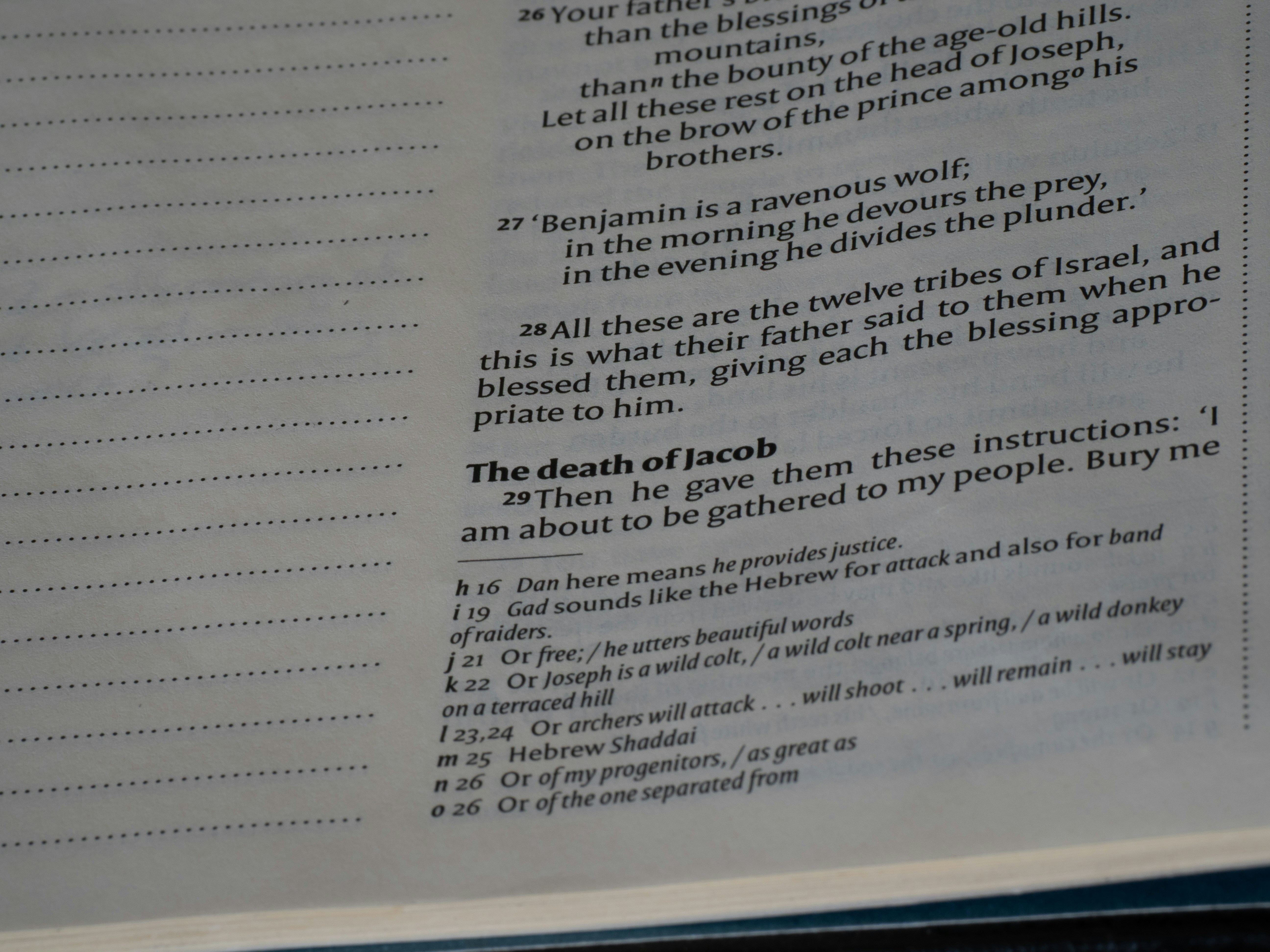 Close-up of text from a book with bible verses.