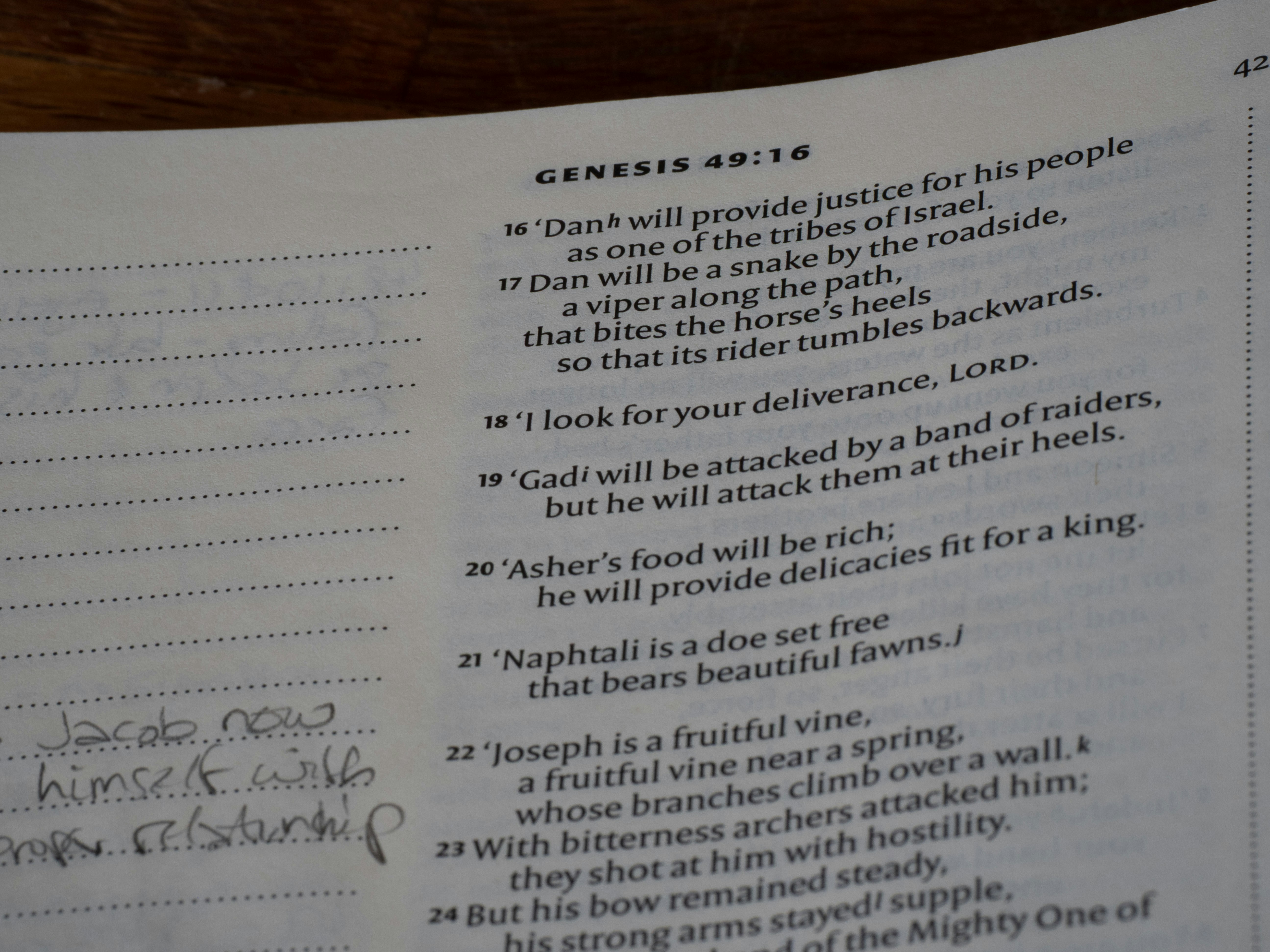 Bible page with handwritten notes and printed text.