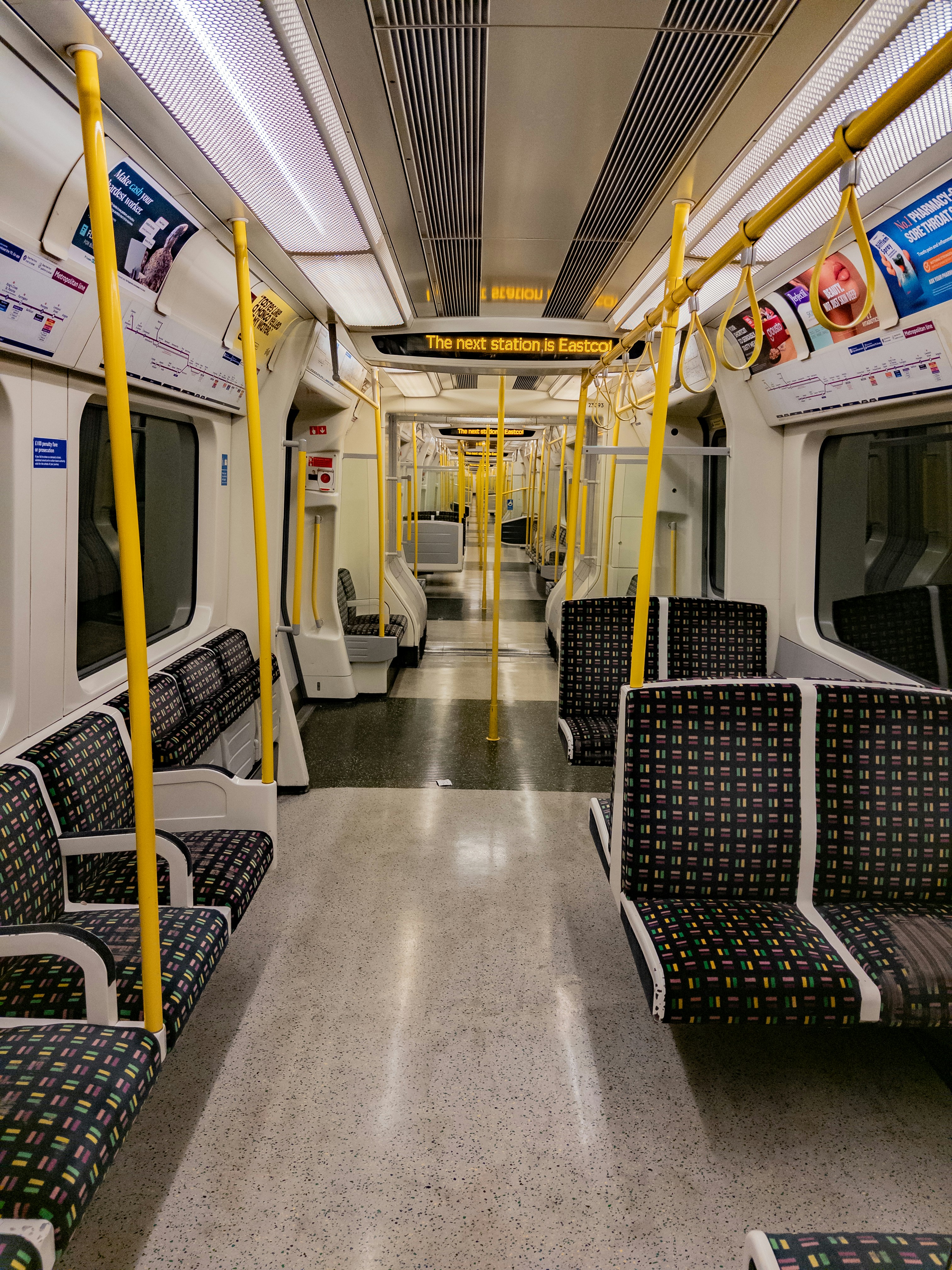 Interior view of an empty subway train carriage