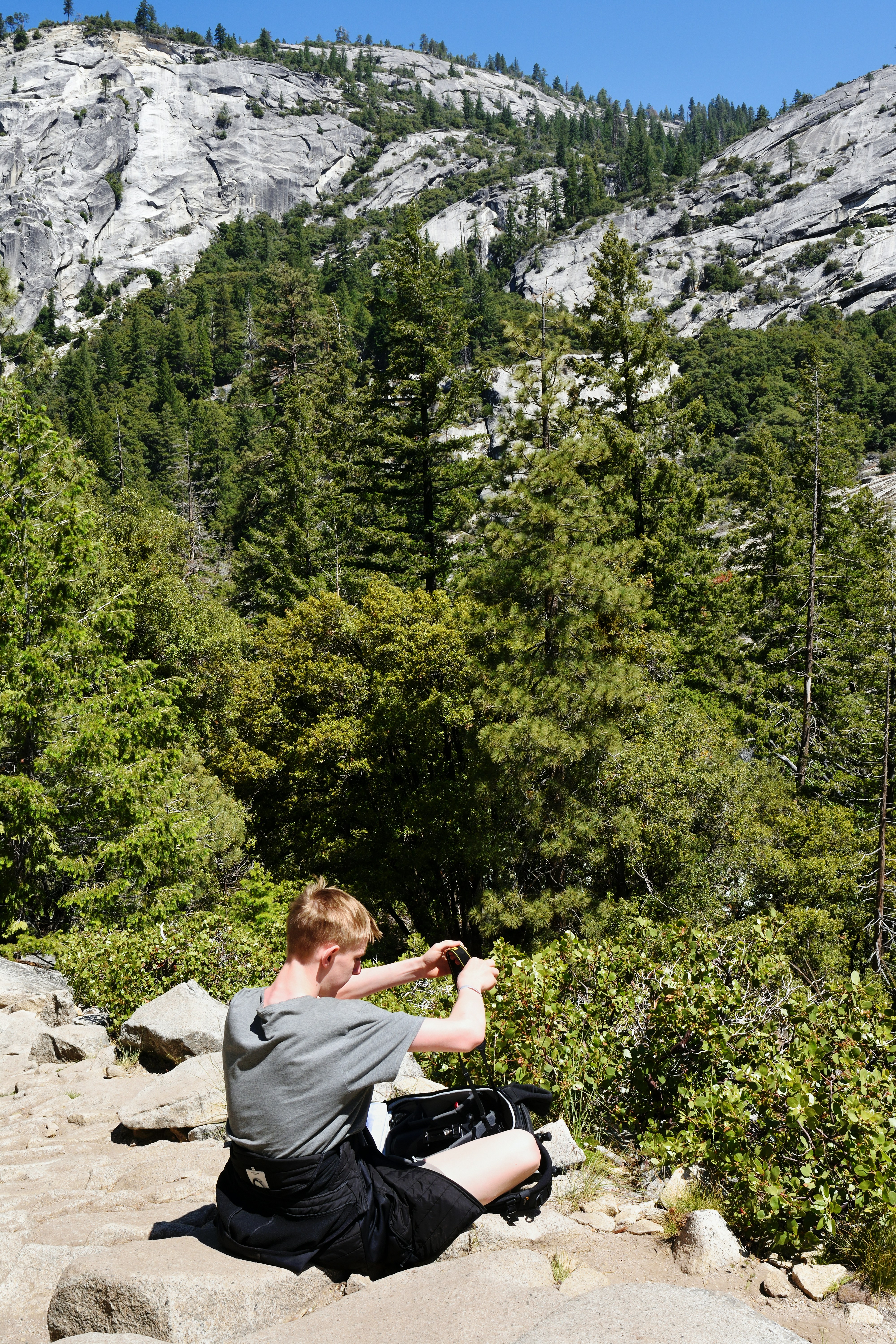 Man sits on rocks taking picture of plants