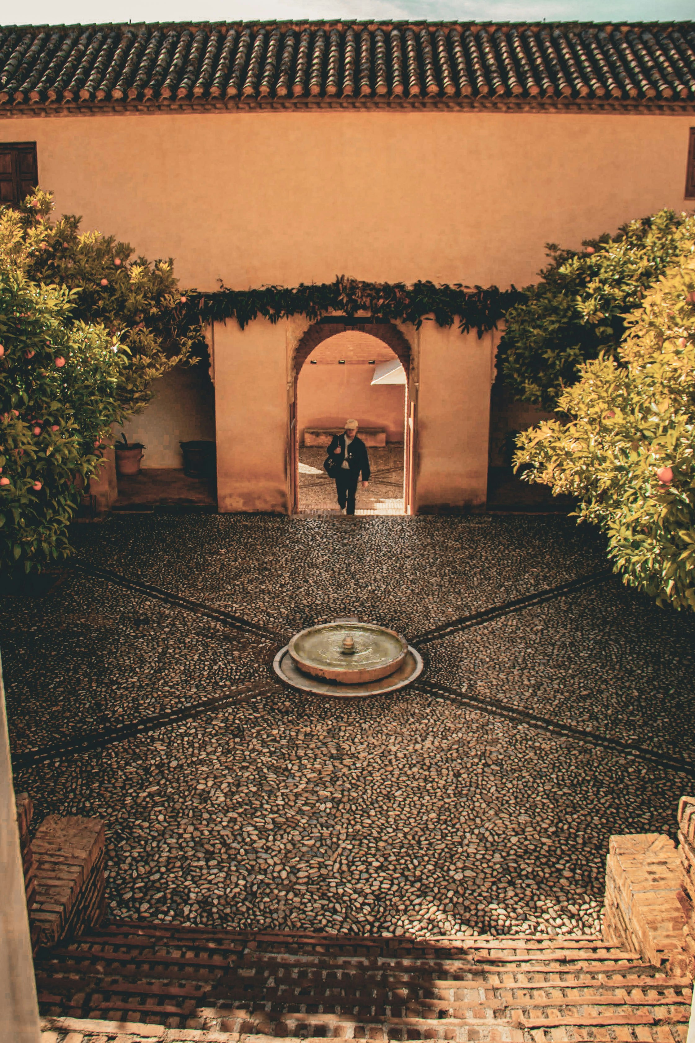Courtyard with fountain and arched doorway leading inside.