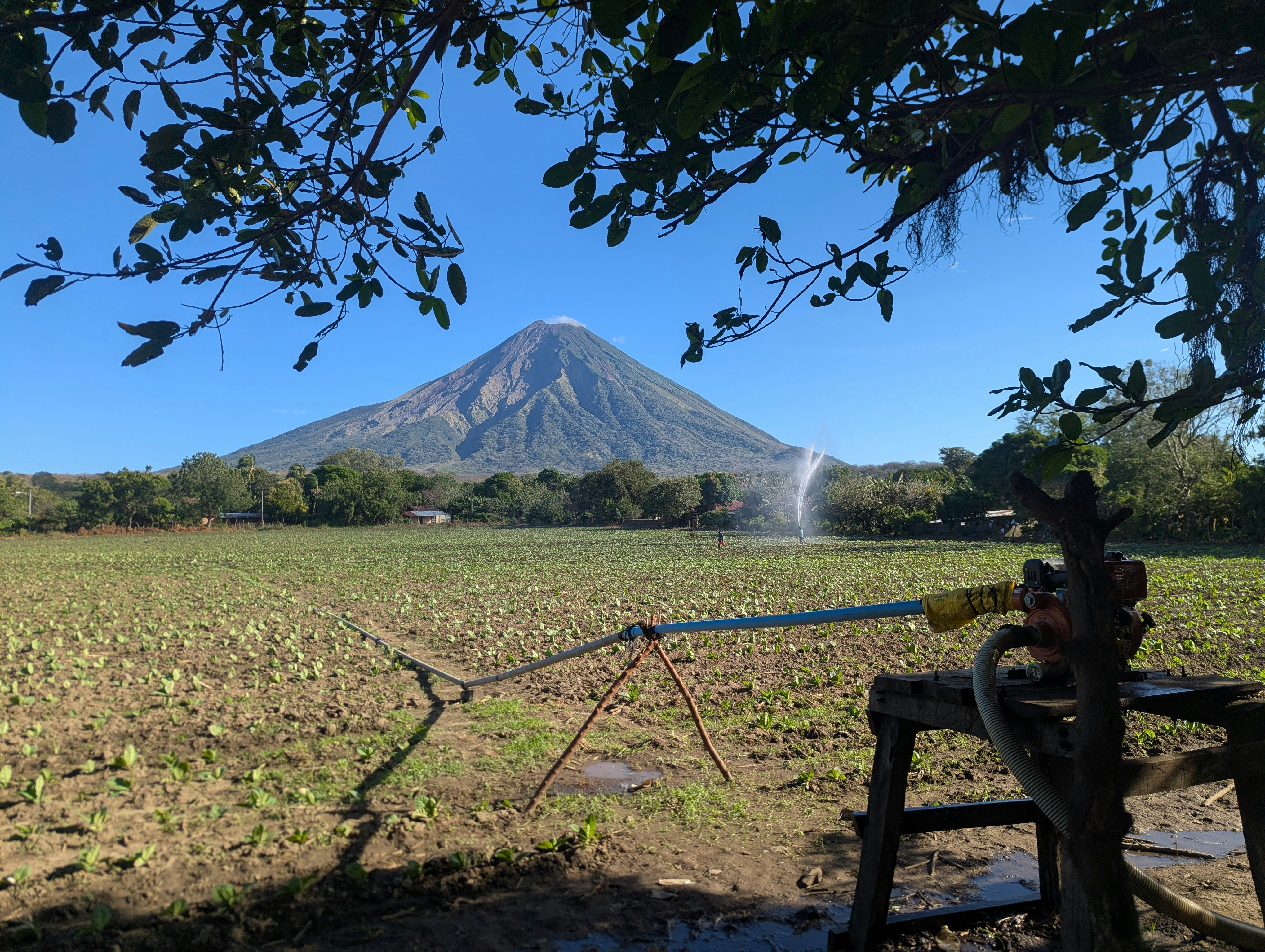 Field with irrigation system and volcano under blue sky