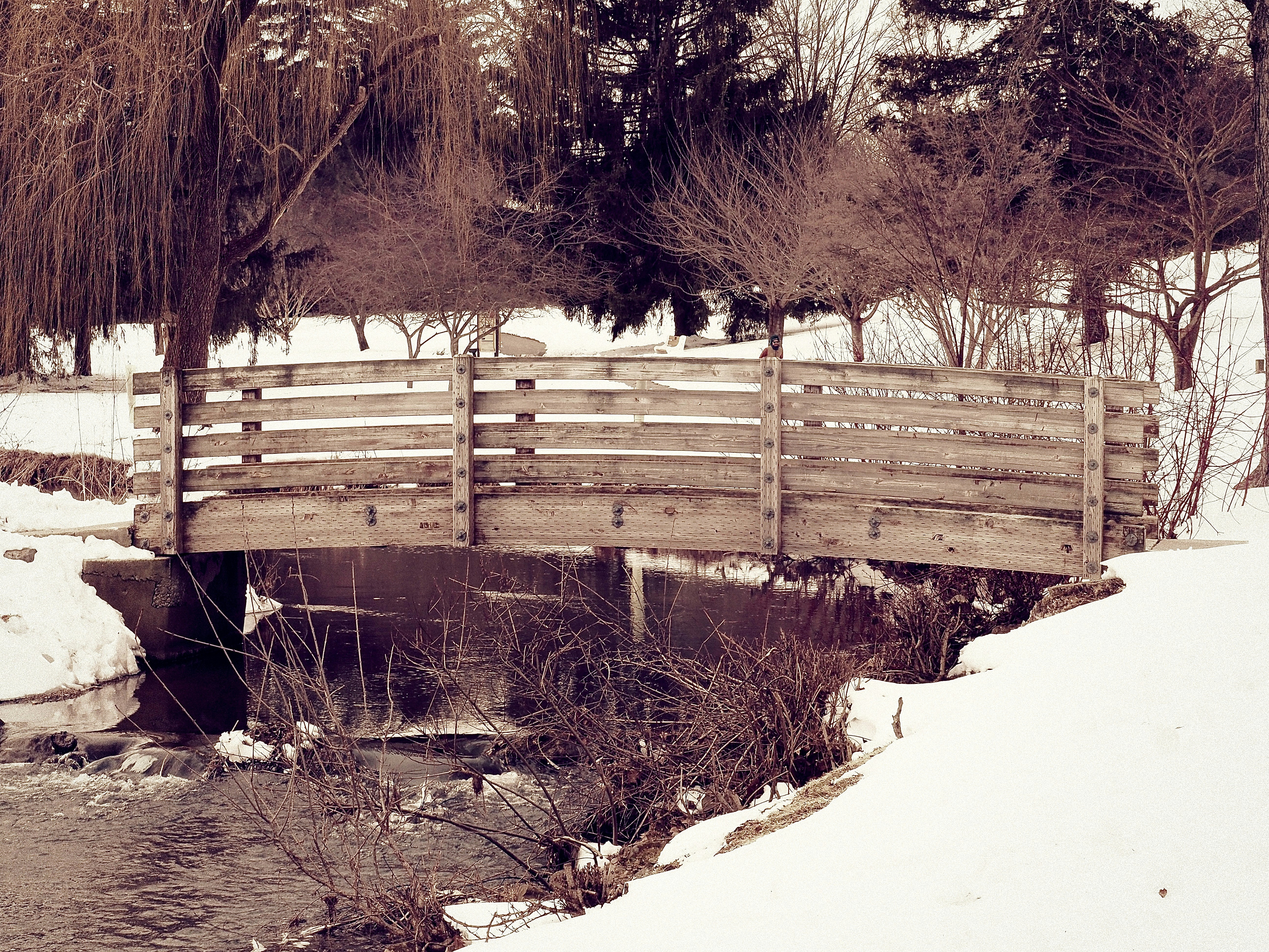 Wooden bridge over a stream in a snowy park
