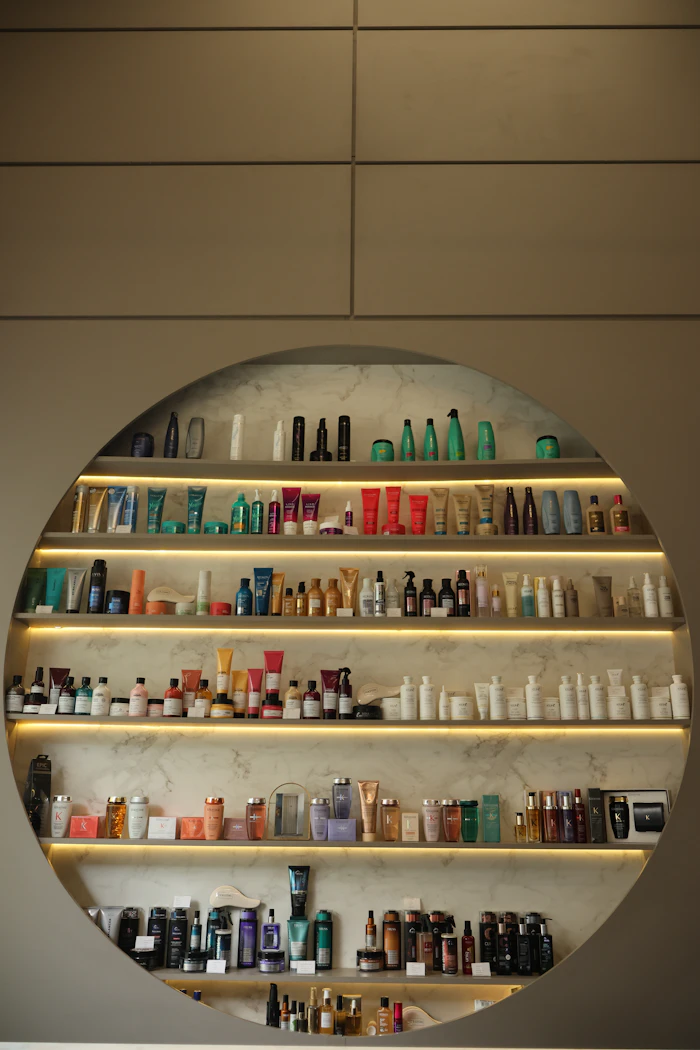 Shelves filled with assorted beauty and personal care products