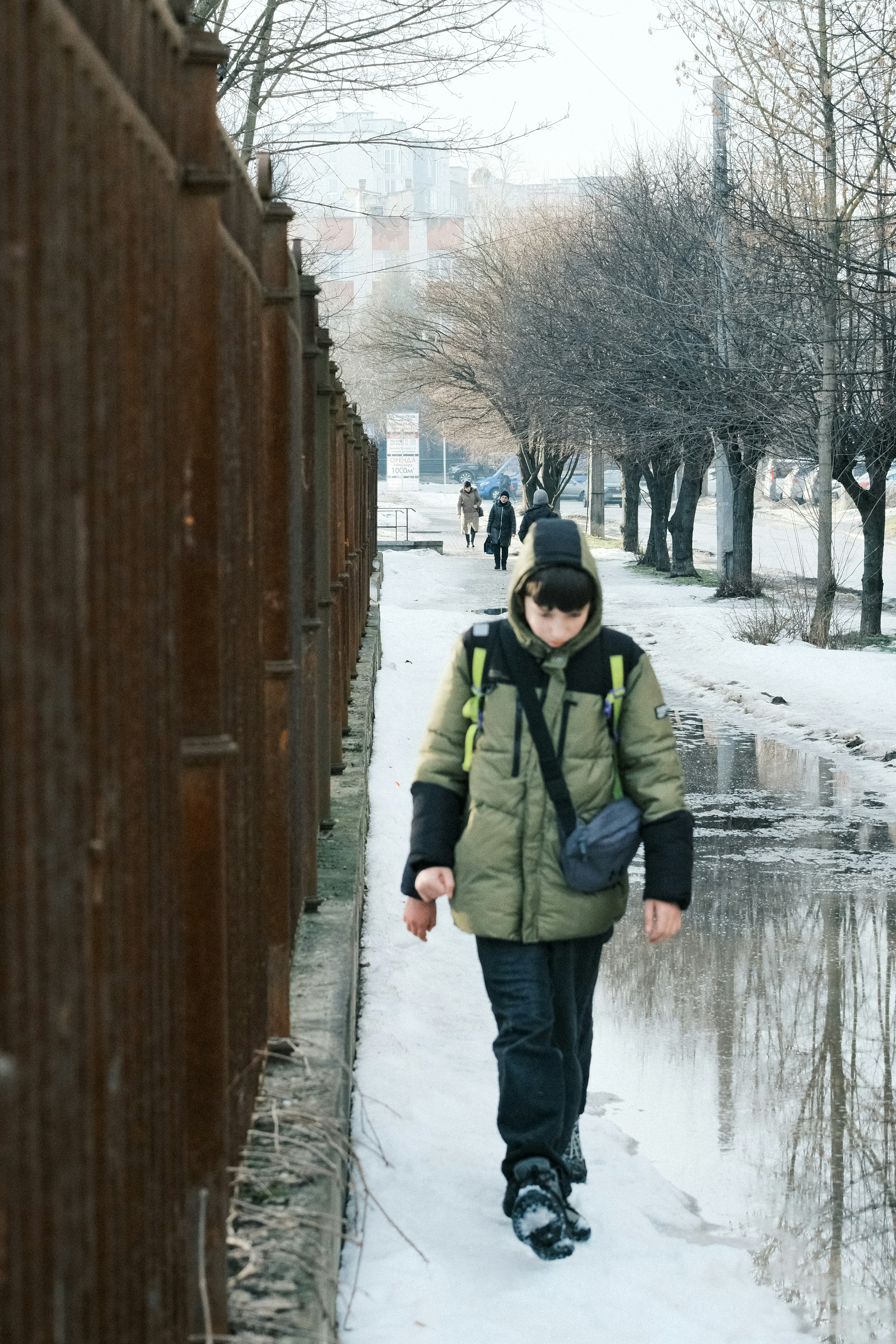 A person walks down a snowy path beside a fence.