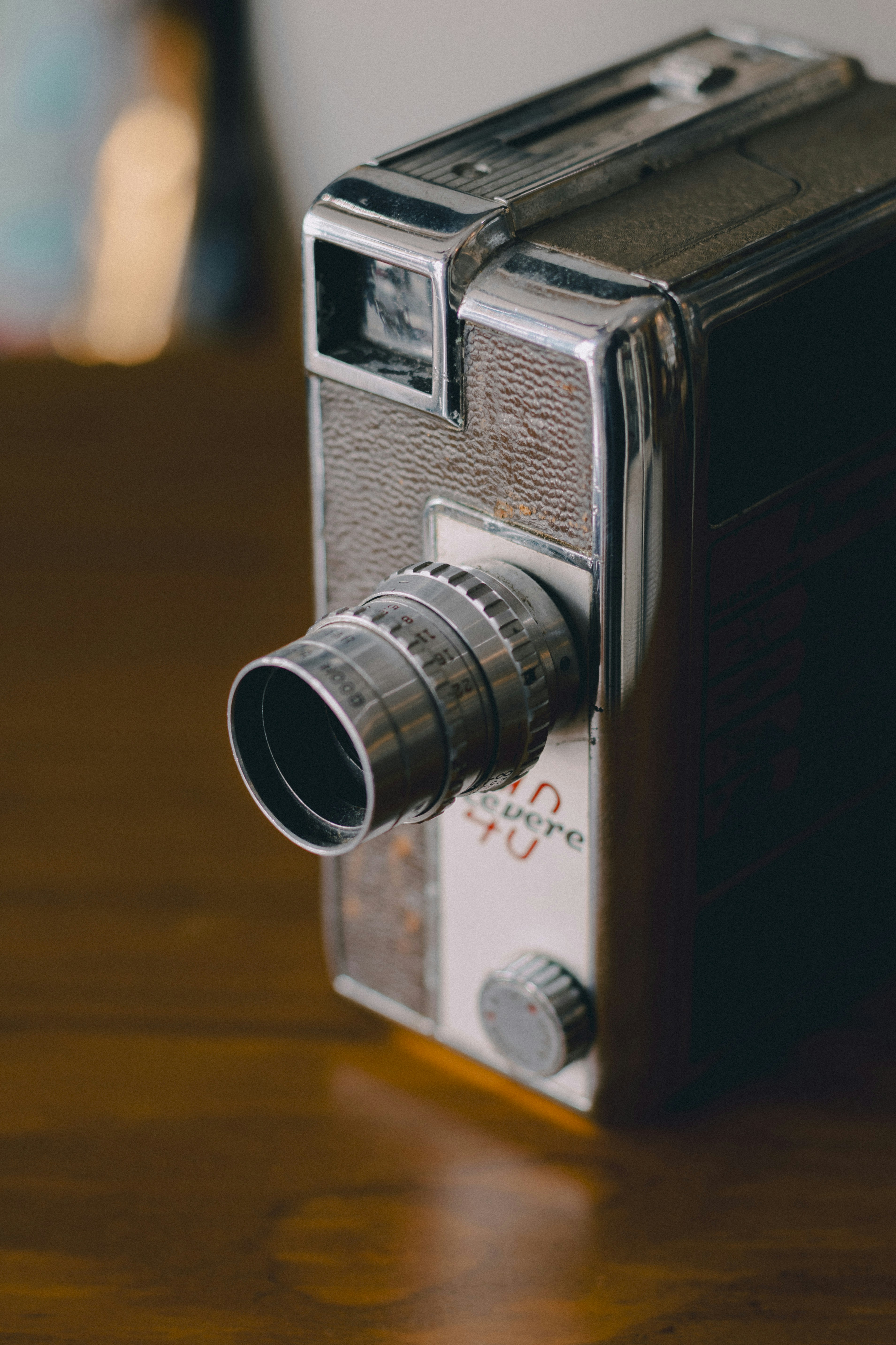 Close-up of a vintage revere movie camera.