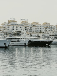 Luxury yachts docked in a marina with buildings behind