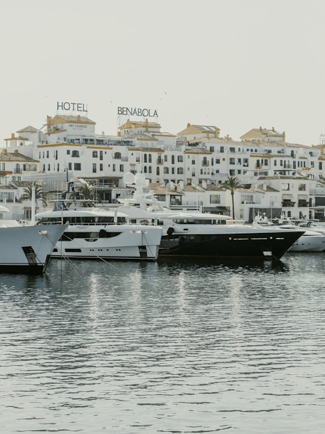 Luxury yachts docked in a marina with buildings behind