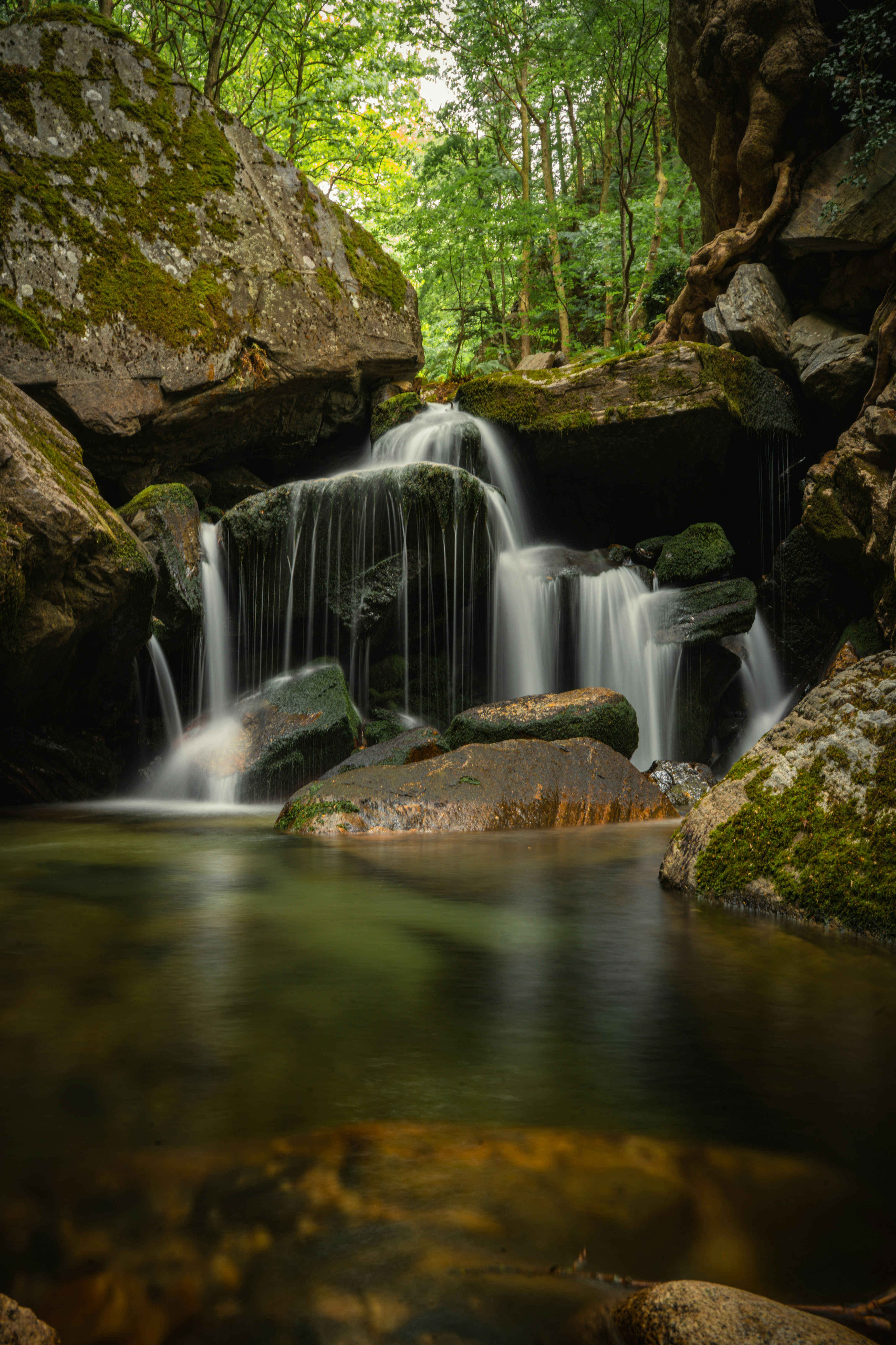 A serene waterfall cascades over mossy rocks in a forest.