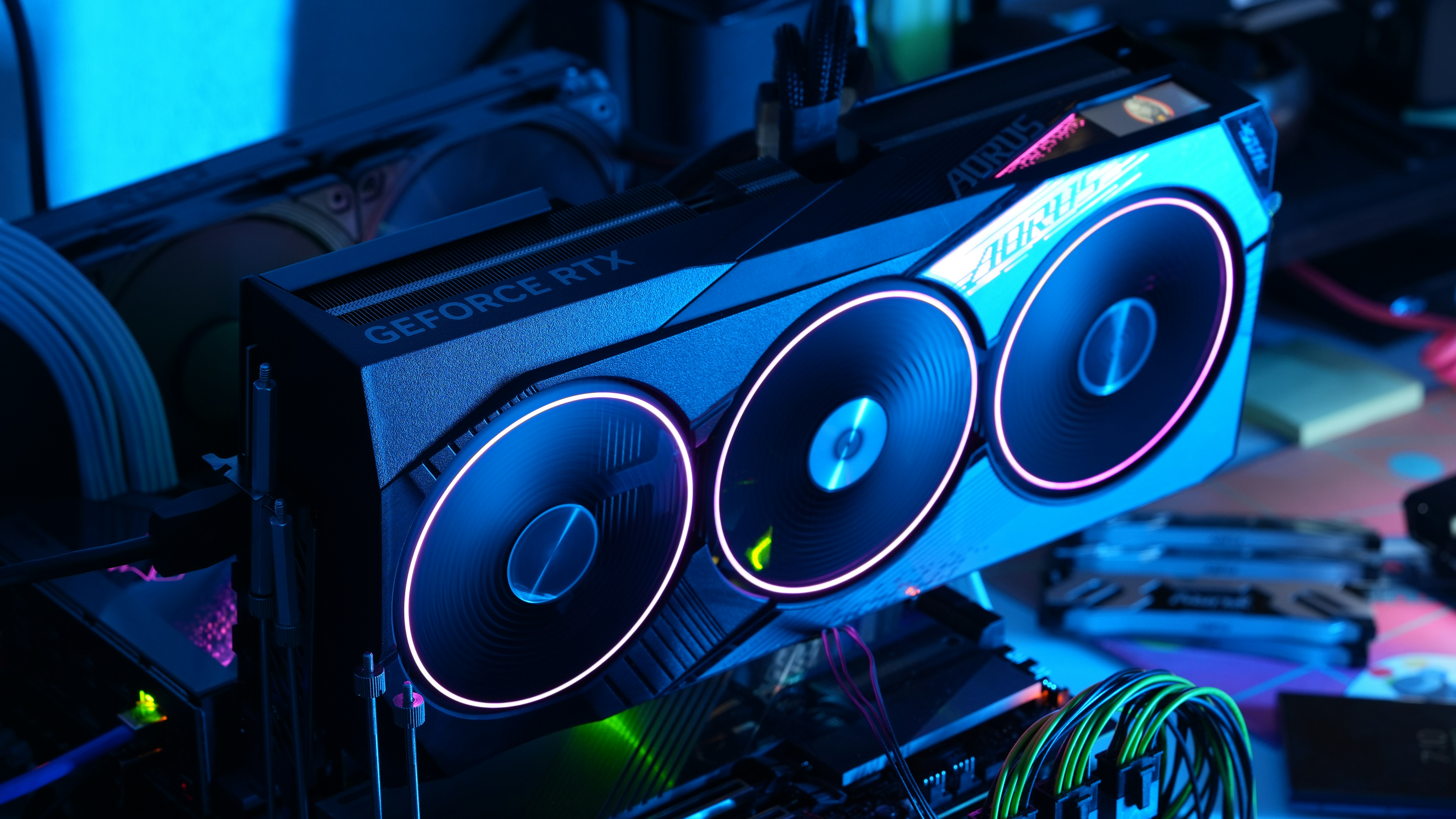 A high-performance graphics card with three fans.