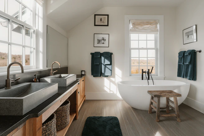 Modern bathroom with double sinks and freestanding bathtub