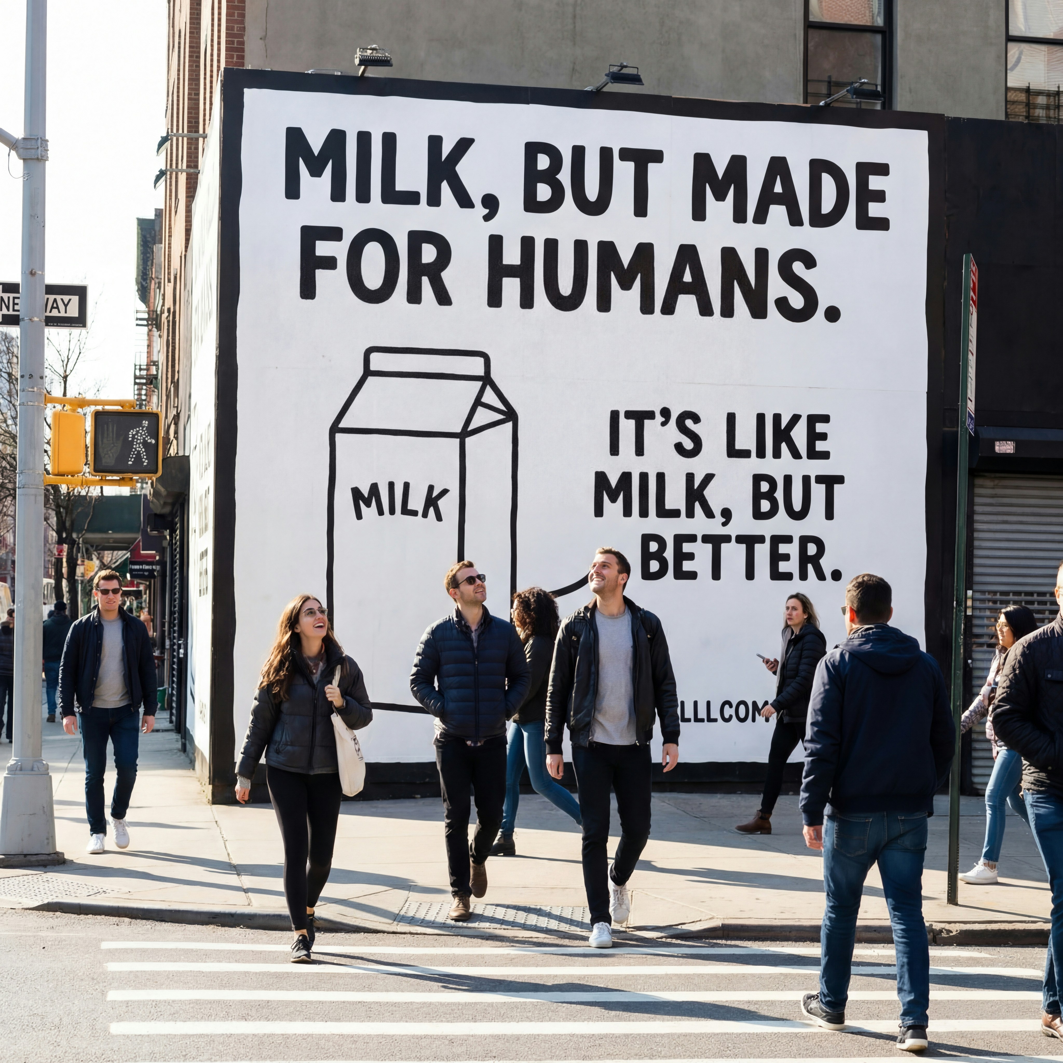 La gente pasa junto a un gran mural que anuncia leche para humanos.