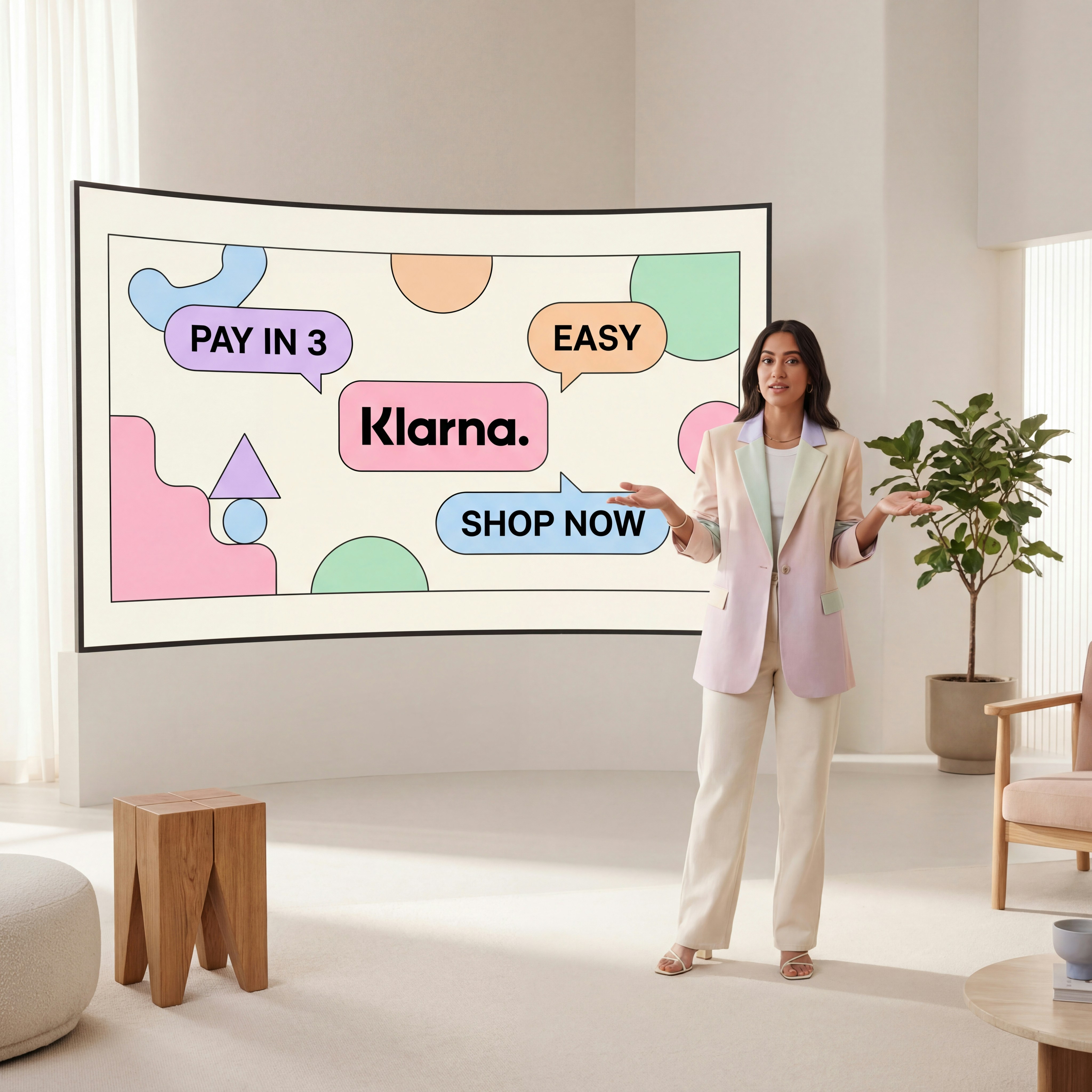 Woman presenting klarna payment options on a large screen.