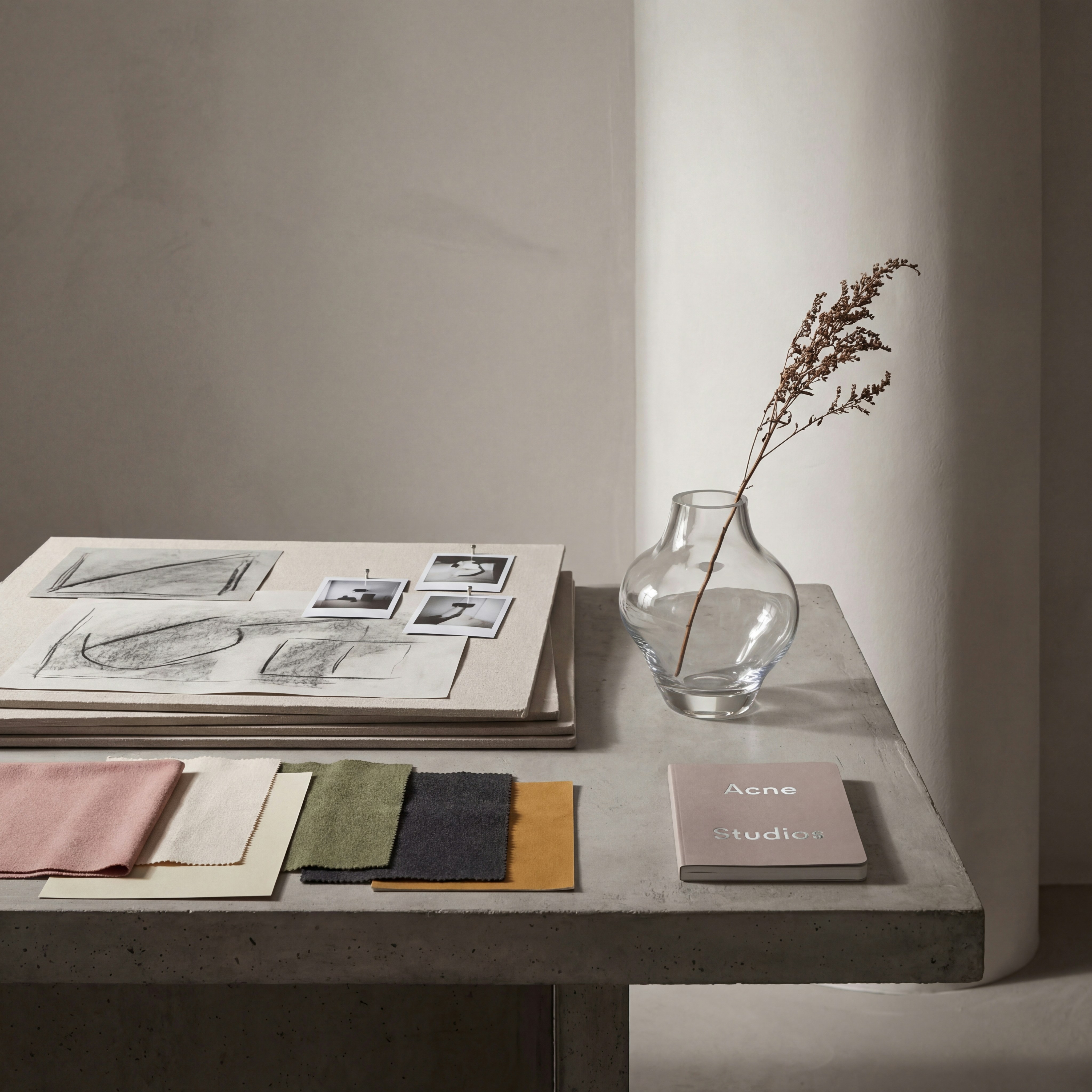 Muestras de tela, bocetos y jarrón sobre una mesa.