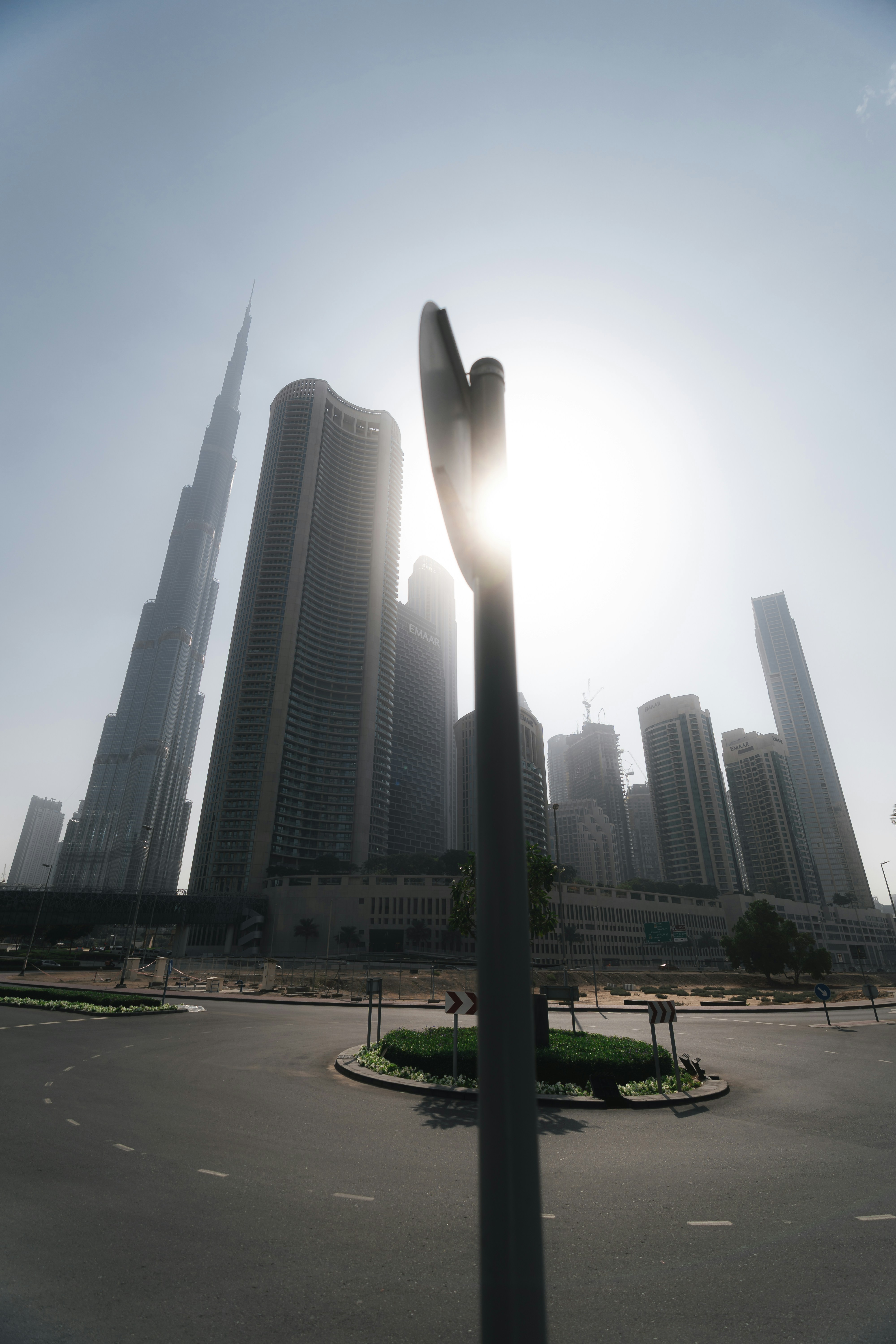 Modern skyscrapers bathed in bright sunlight