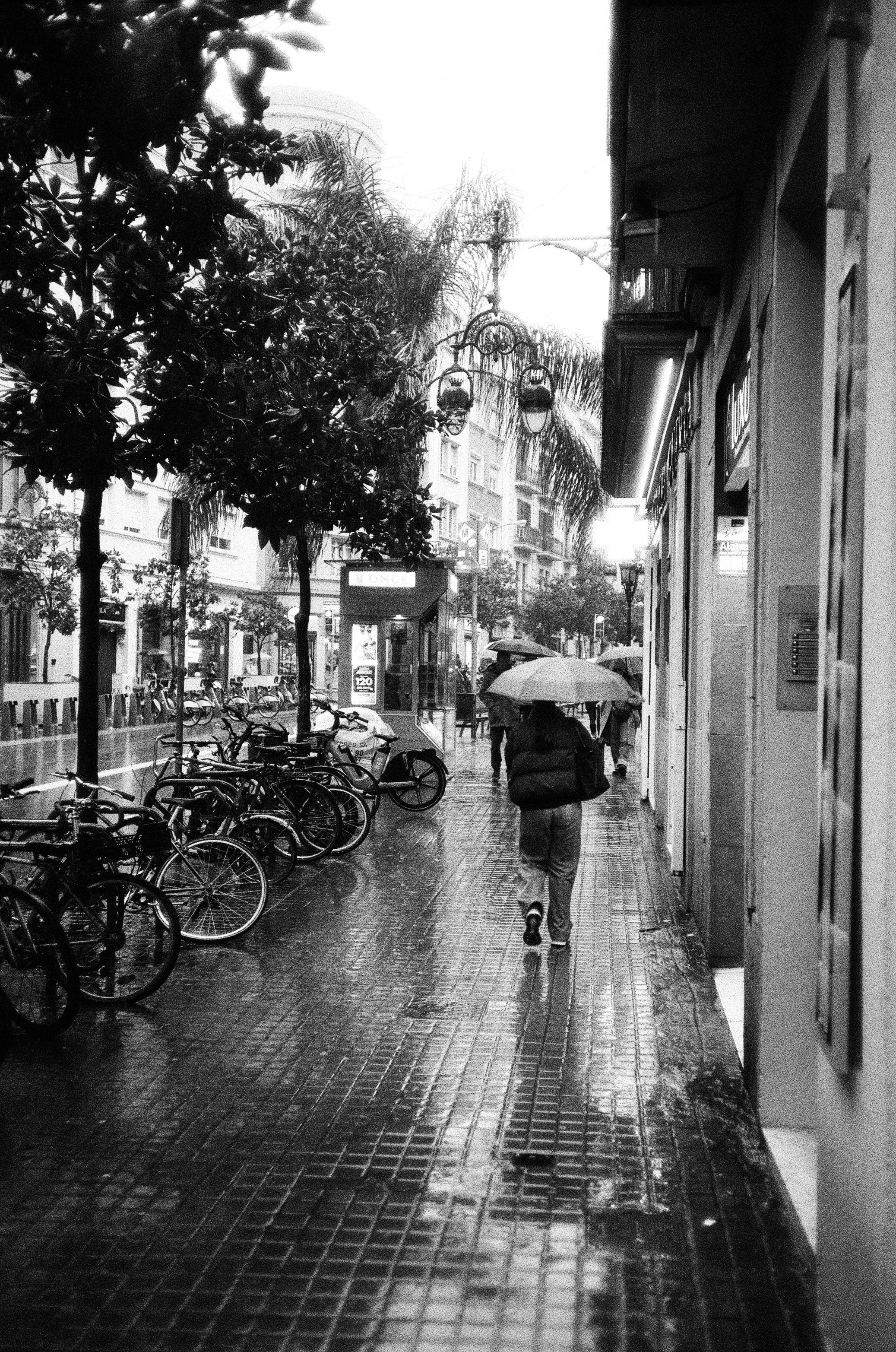 Person with umbrella walks down wet city street.