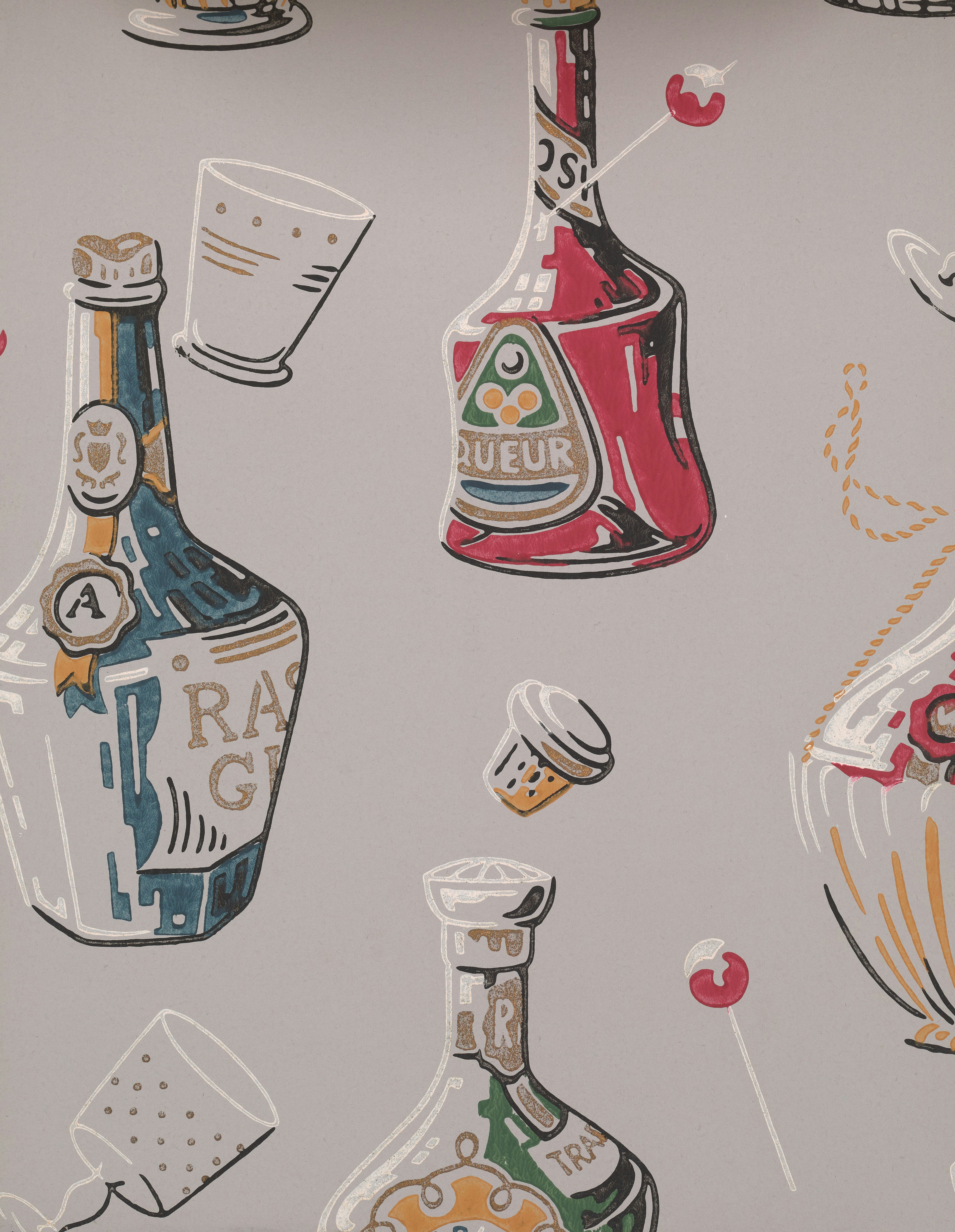 Varie bottiglie e bicchieri con sfondo grigio