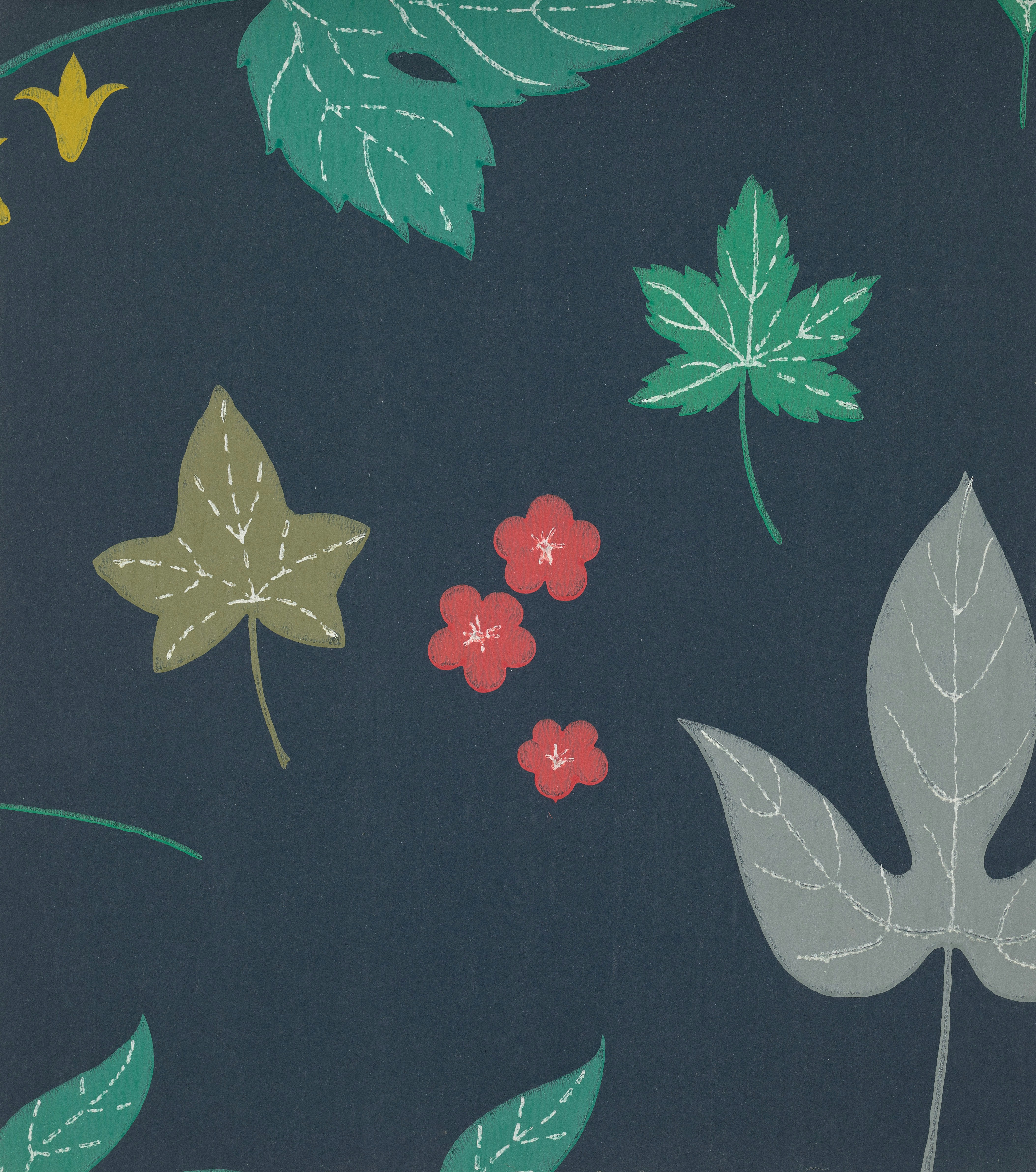 Sfondo blu scuro con foglie verdi e grigie.