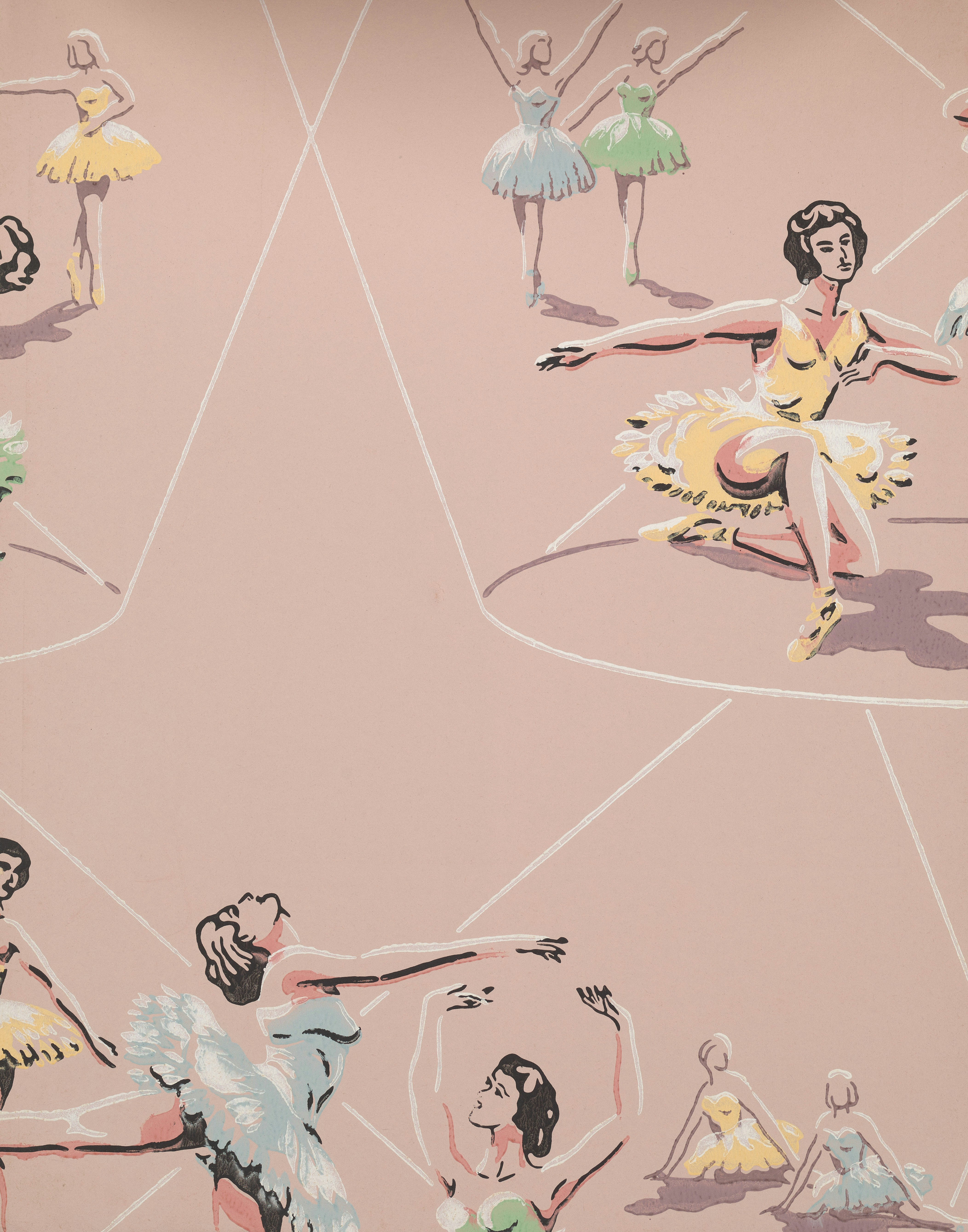 Ballet dancers in various poses on a pink background.