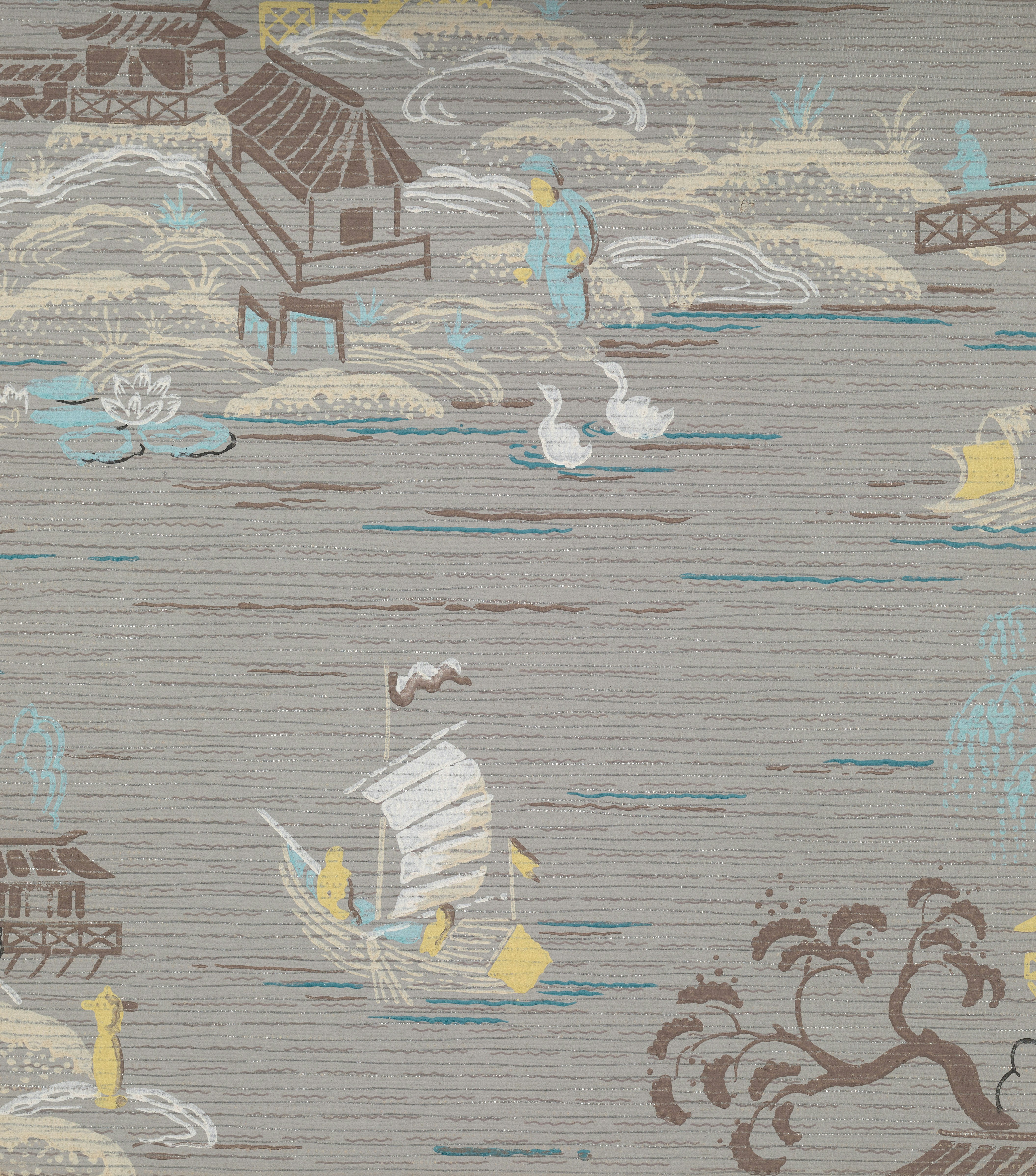 Scena ispirata all'Asia con barche, pagode e anatre sull'acqua