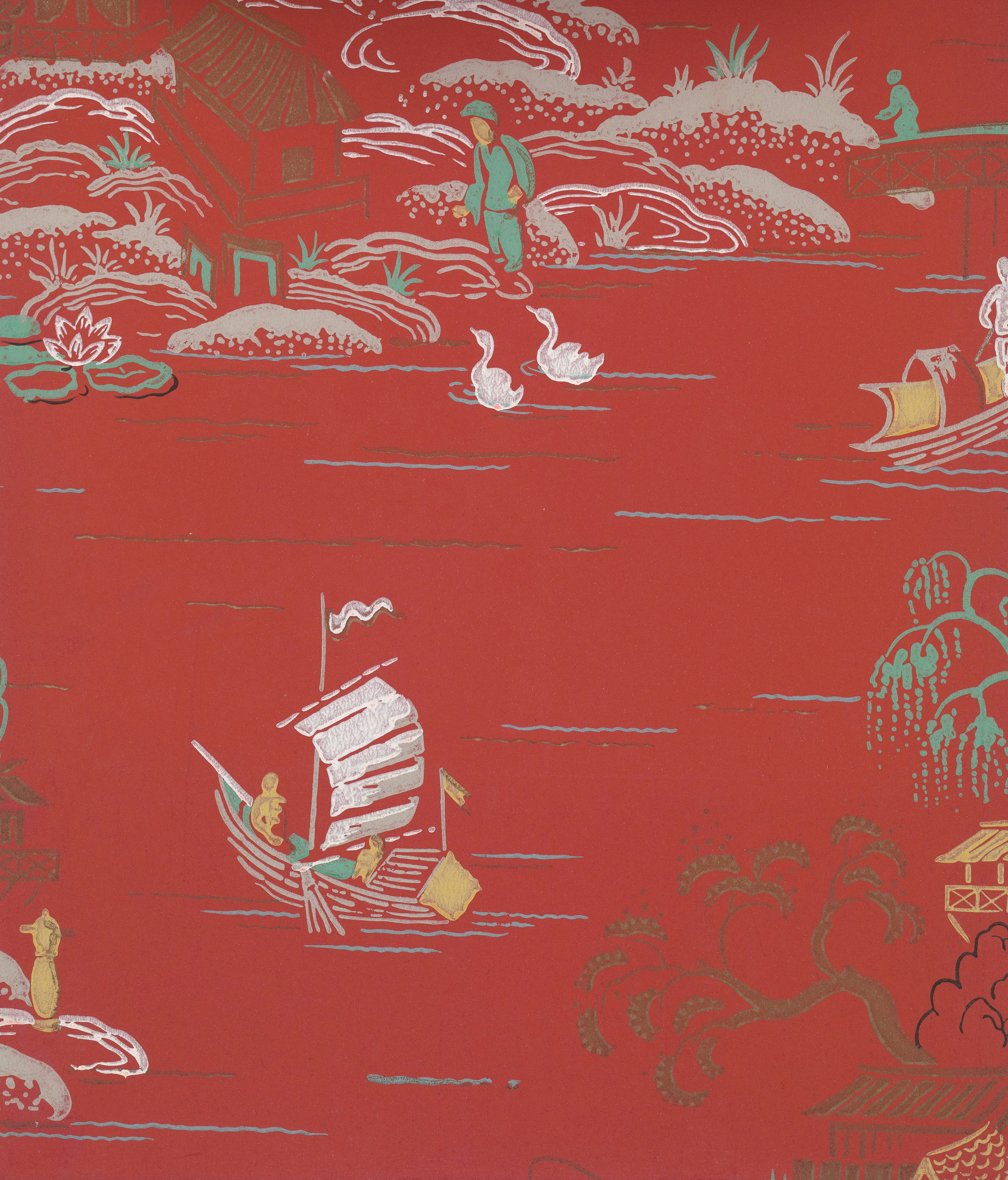 Carta da parati rossa con una scena paesaggistica asiatica tradizionale.