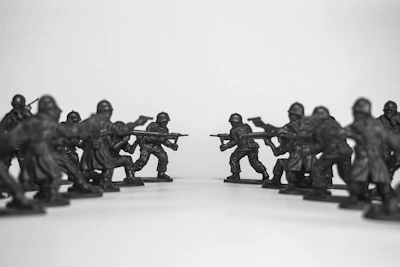 Two rows of toy soldiers face each other