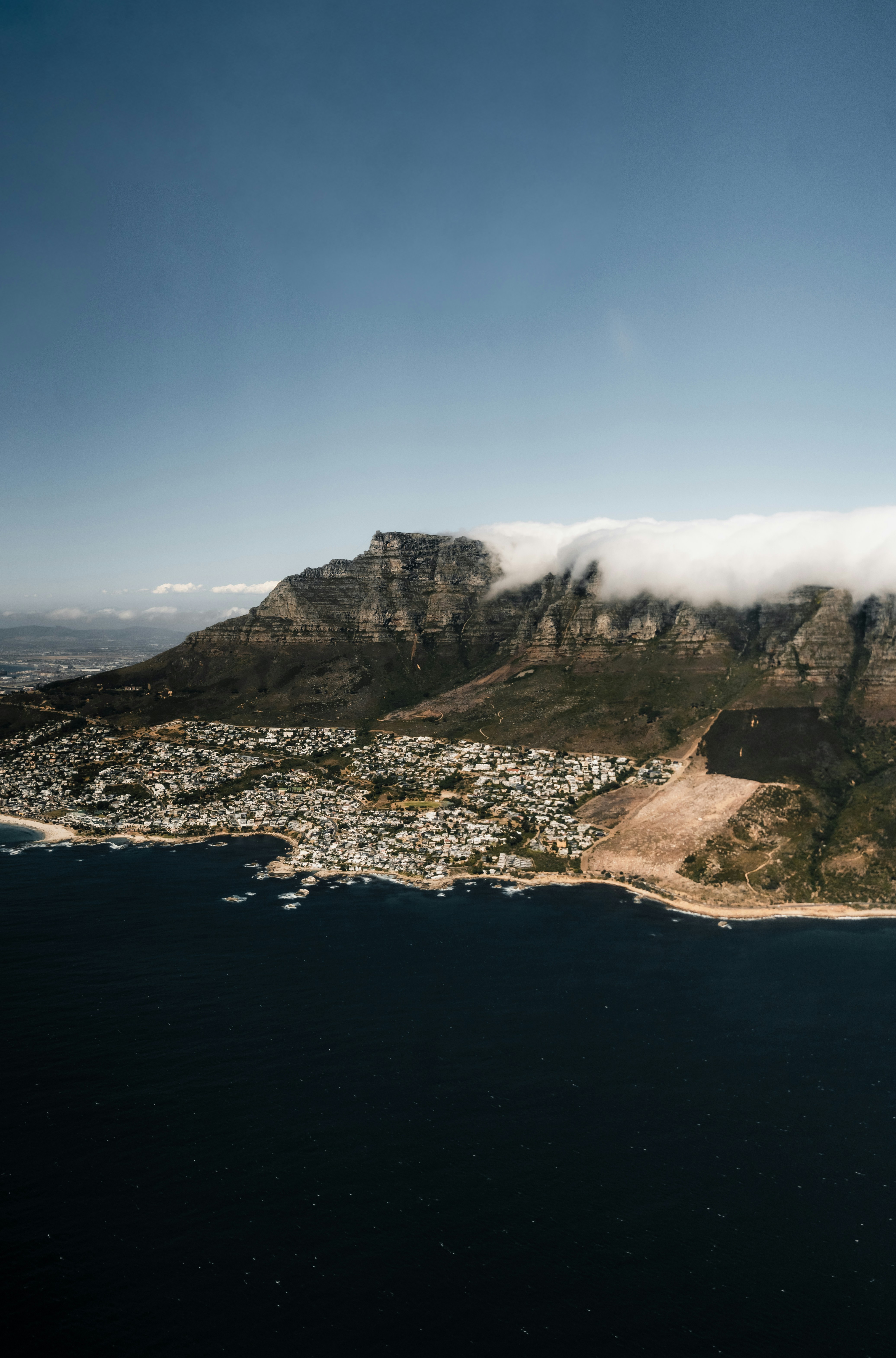 Aerial view of table mountain and cape town coast