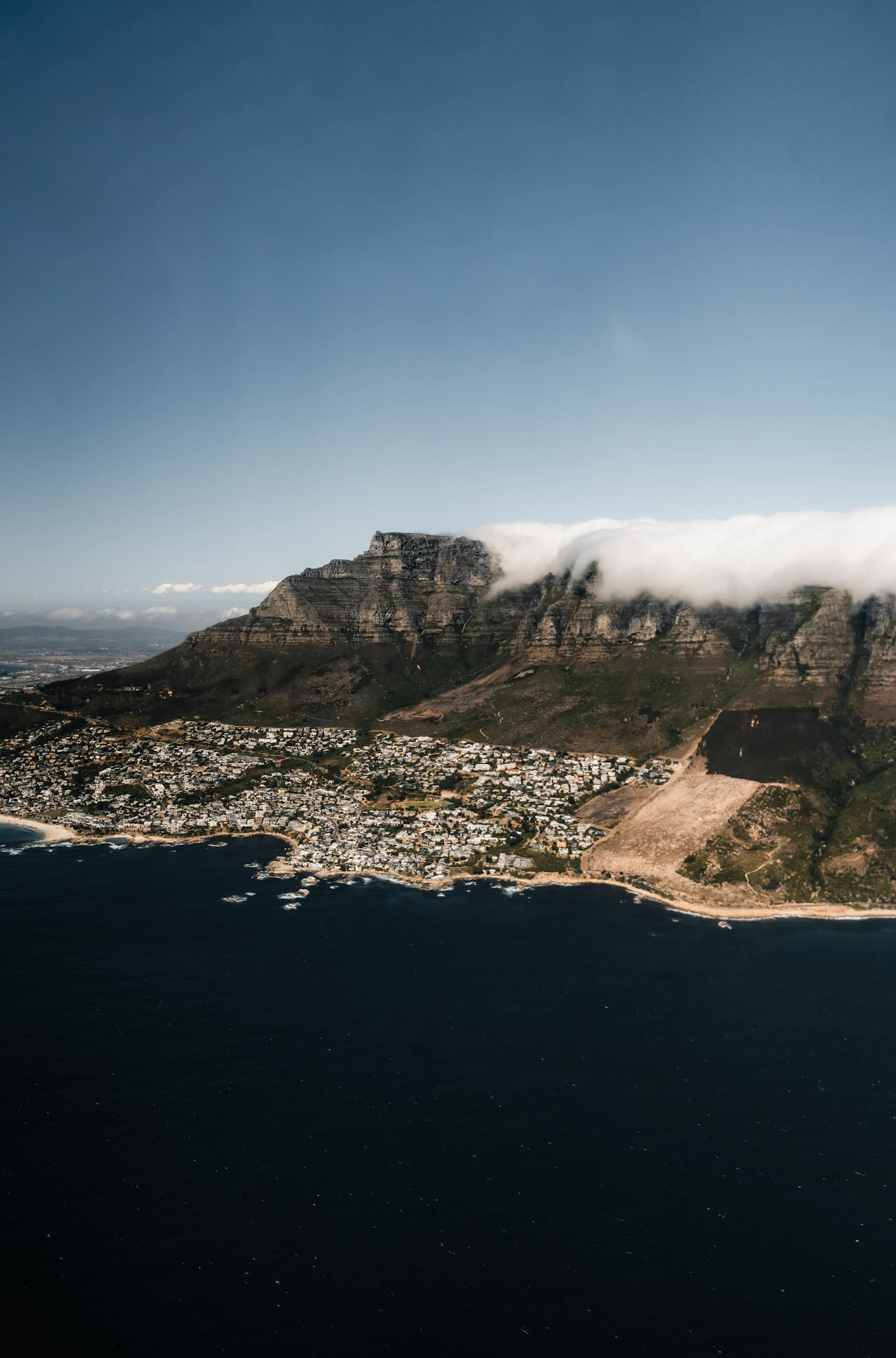 Aerial view of Table Mountain above Cape Town and the coast