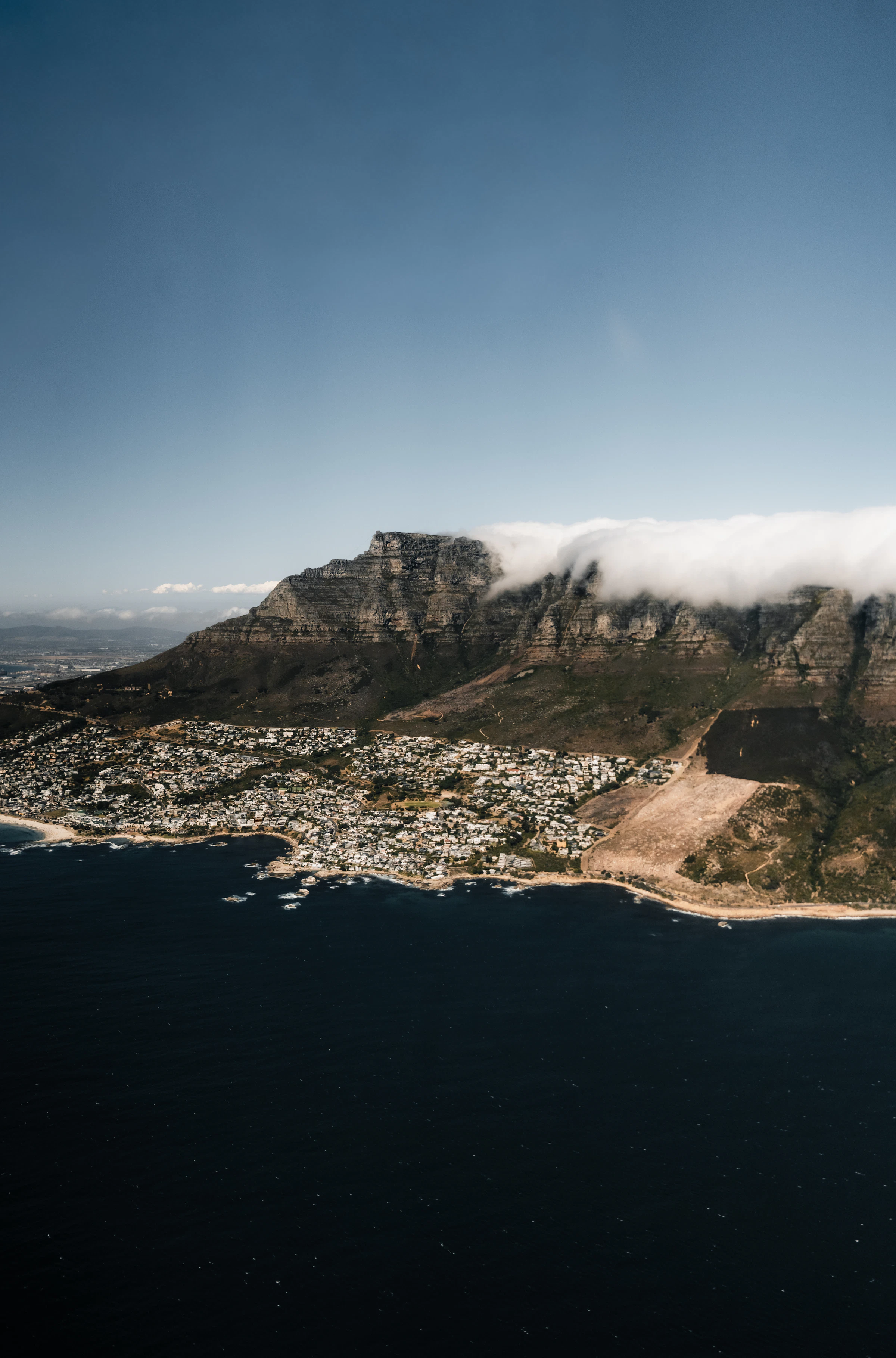 Aerial view of Table Mountain and the Cape Town coastline in South Africa.