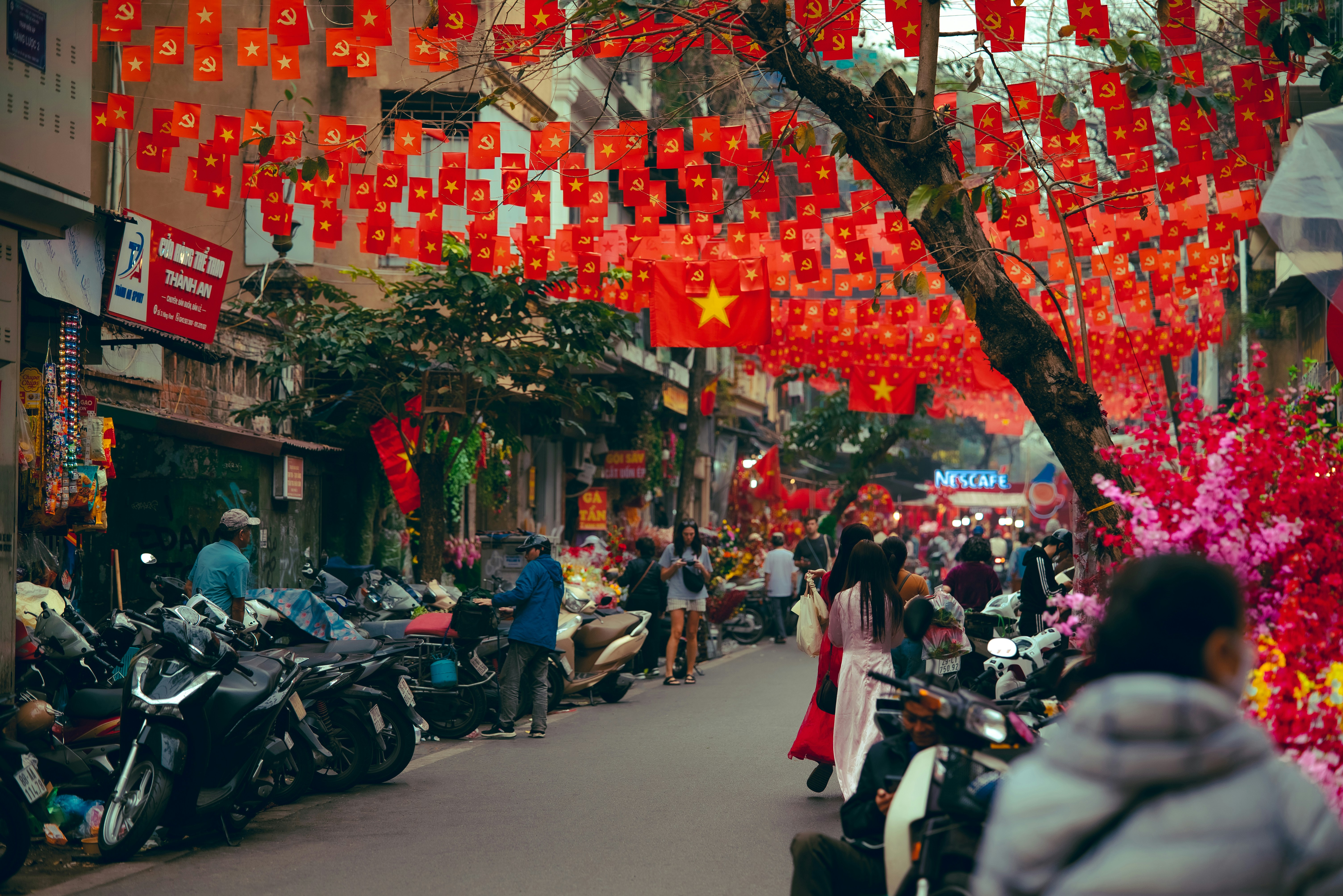 Street decorated with red lanterns and vietnamese flags.
