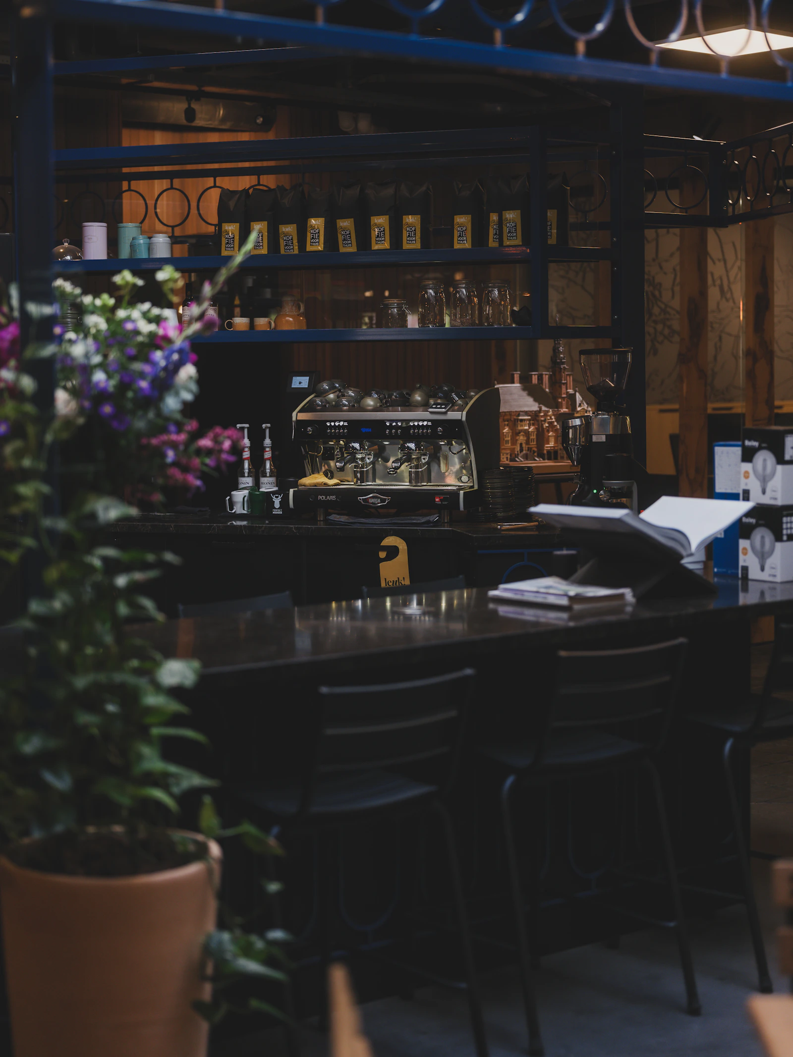 Coffee bar interior with plants and warm lighting