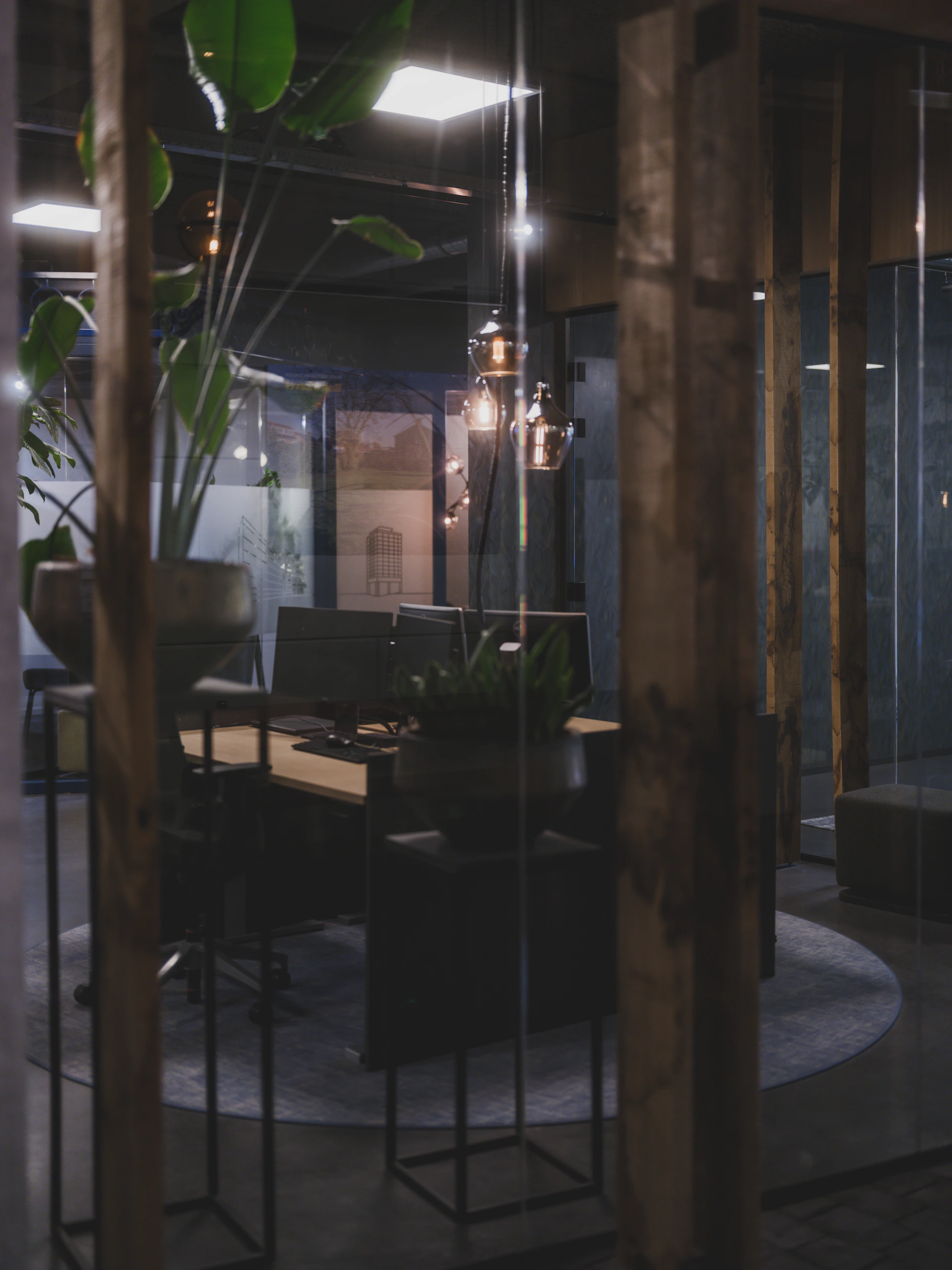 Modern office interior with plants and desk.
