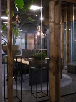 Modern office interior with desk and plants.