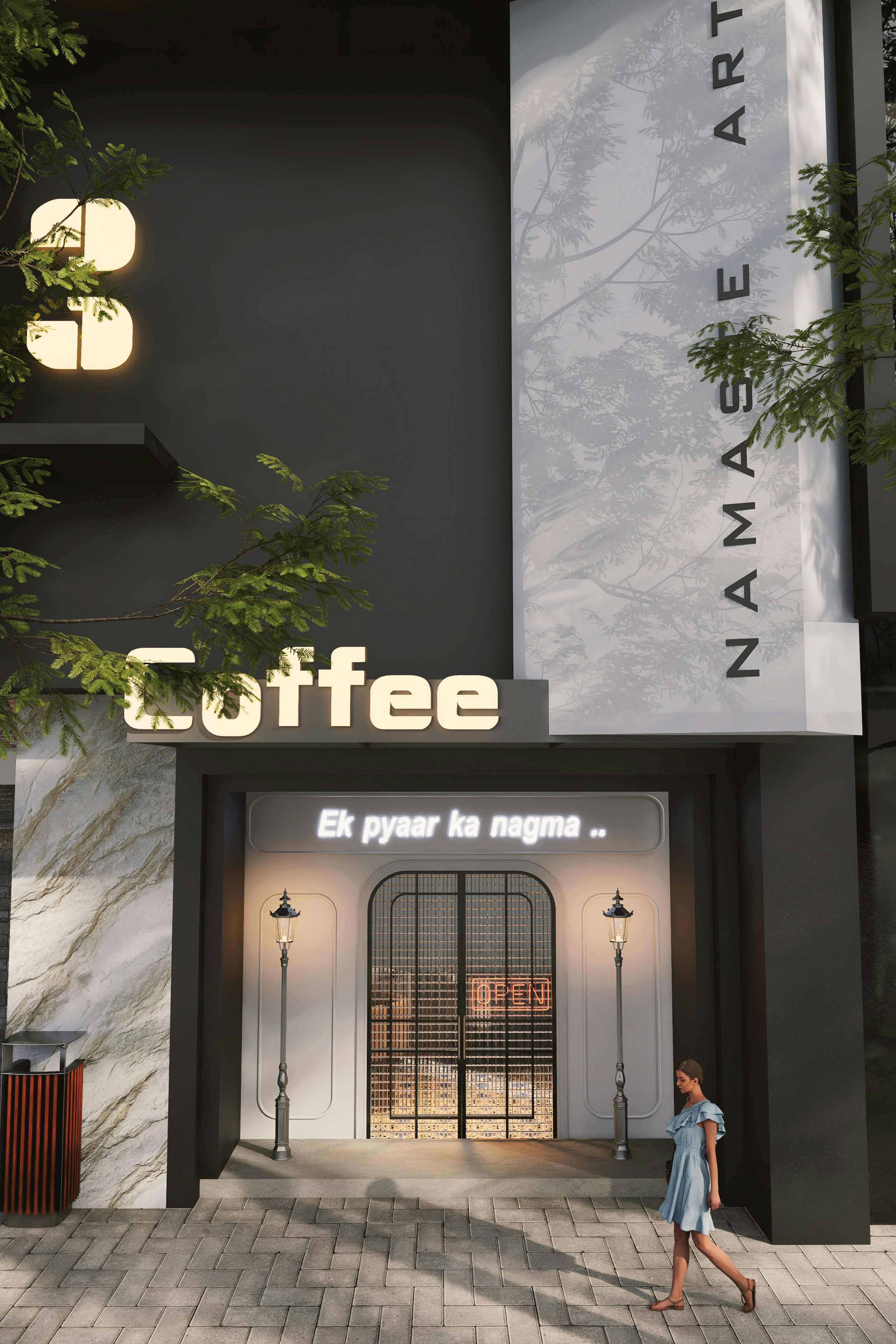 Modern coffee shop entrance with marble accents.