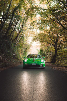 A green sports car driving on a tree-lined road.