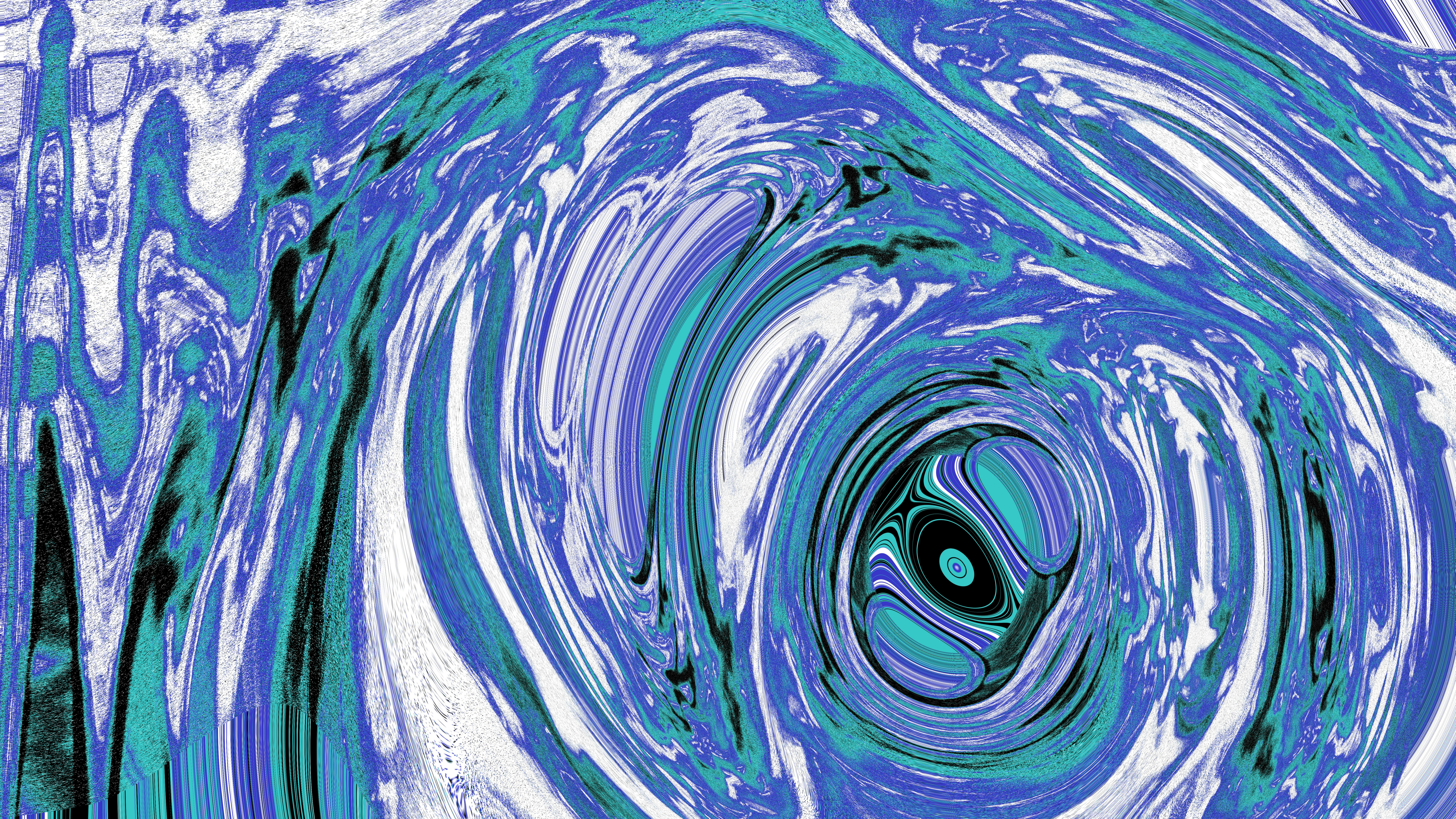 Abstract swirling blue and white patterns with a dark center