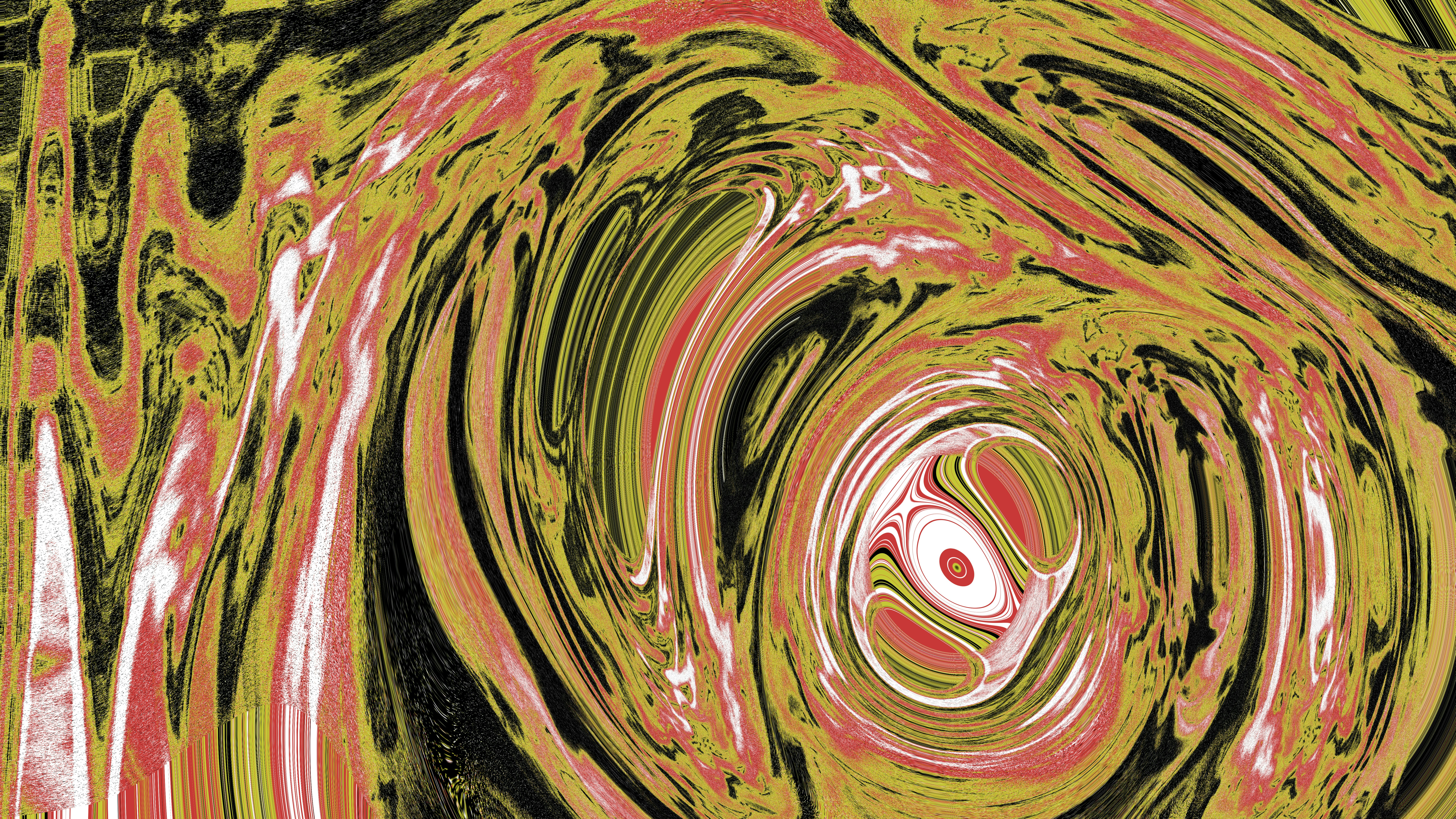 Abstract swirling pattern with yellow, pink, and white colors