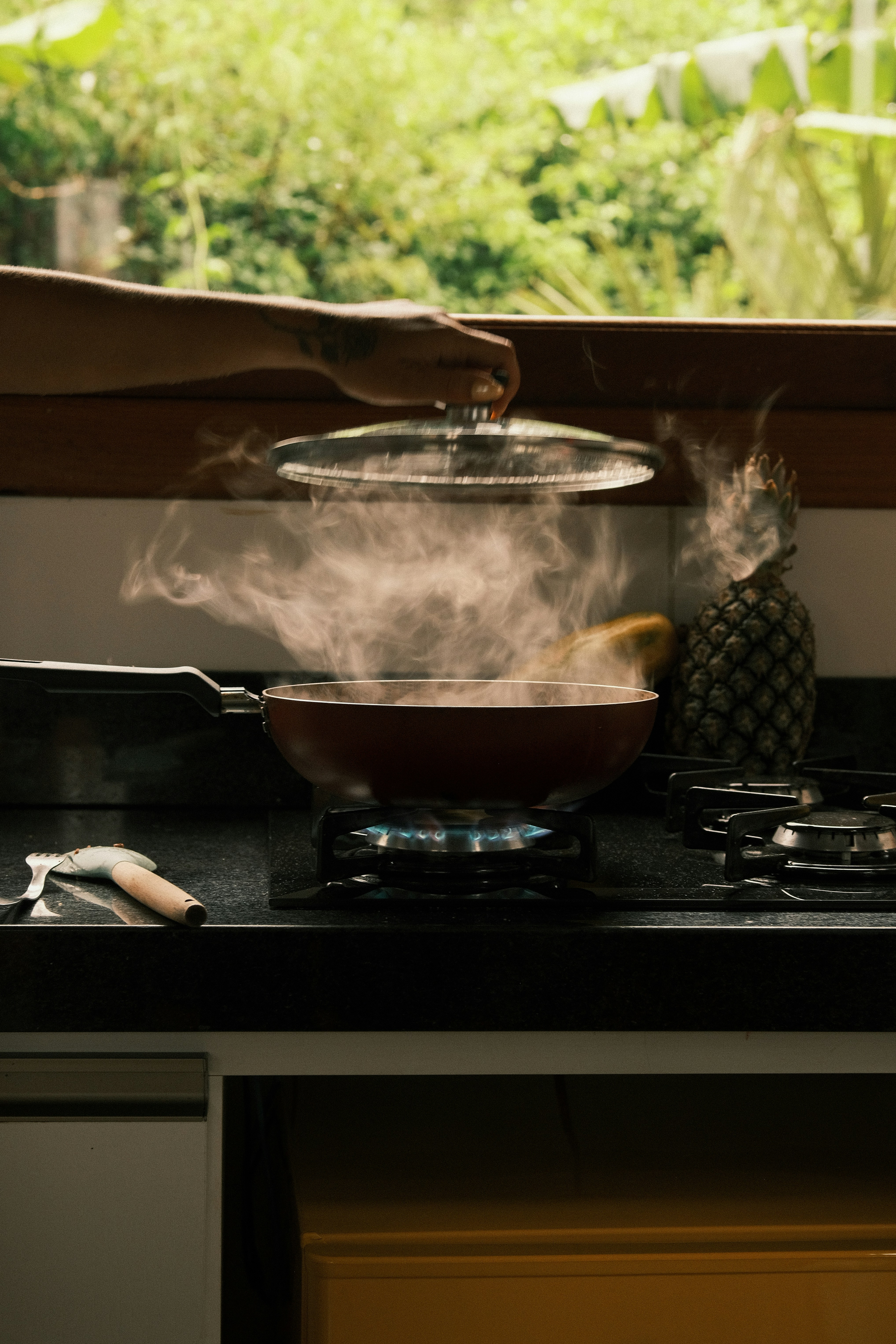 Steam rising from a pan on a gas stove.
