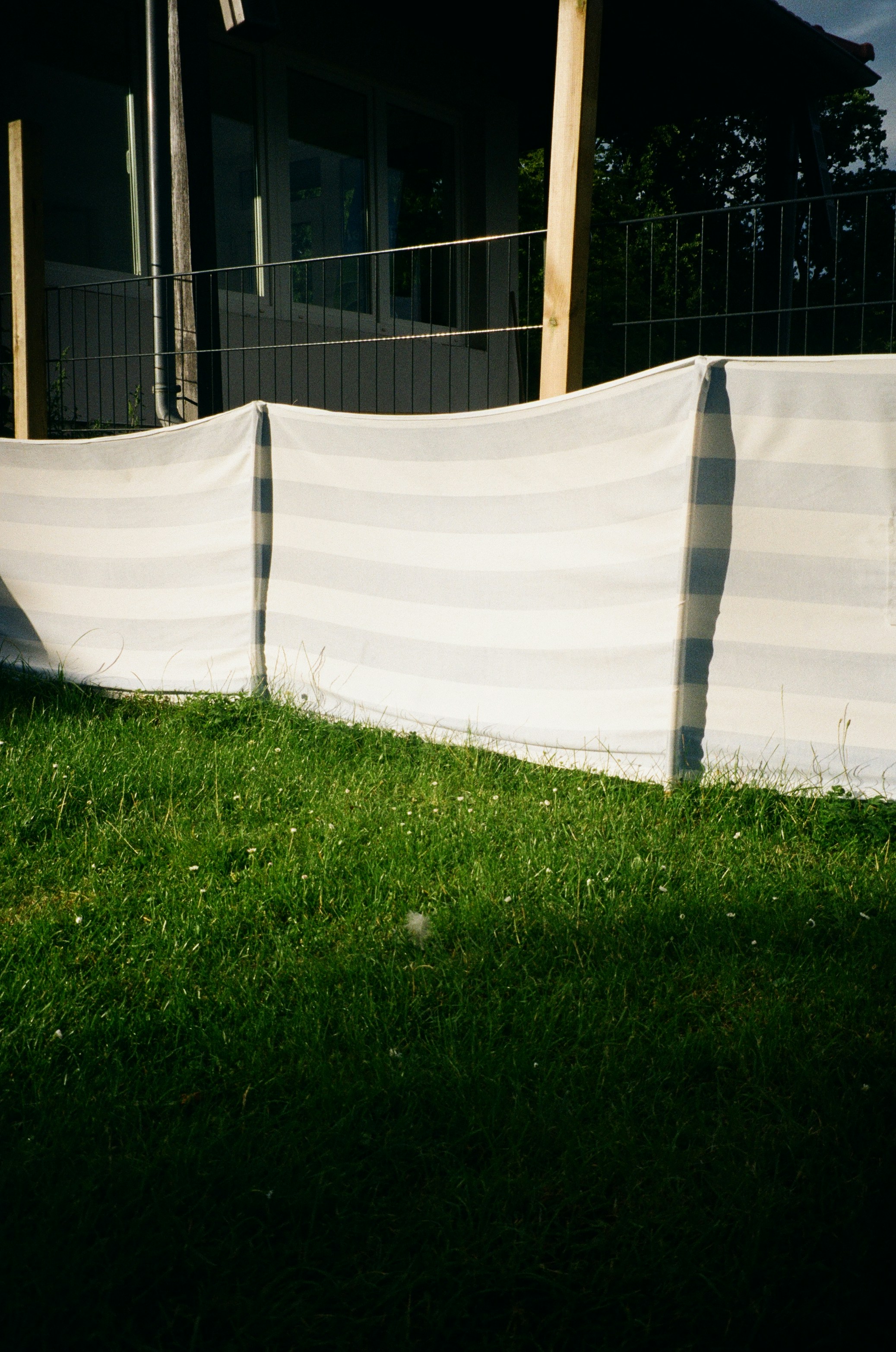 White striped windbreak on green grass