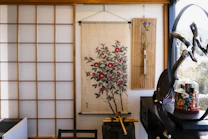 Japanese scroll painting of red camellia flowers