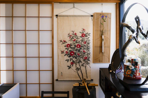 Japanese scroll painting of red camellia flowers