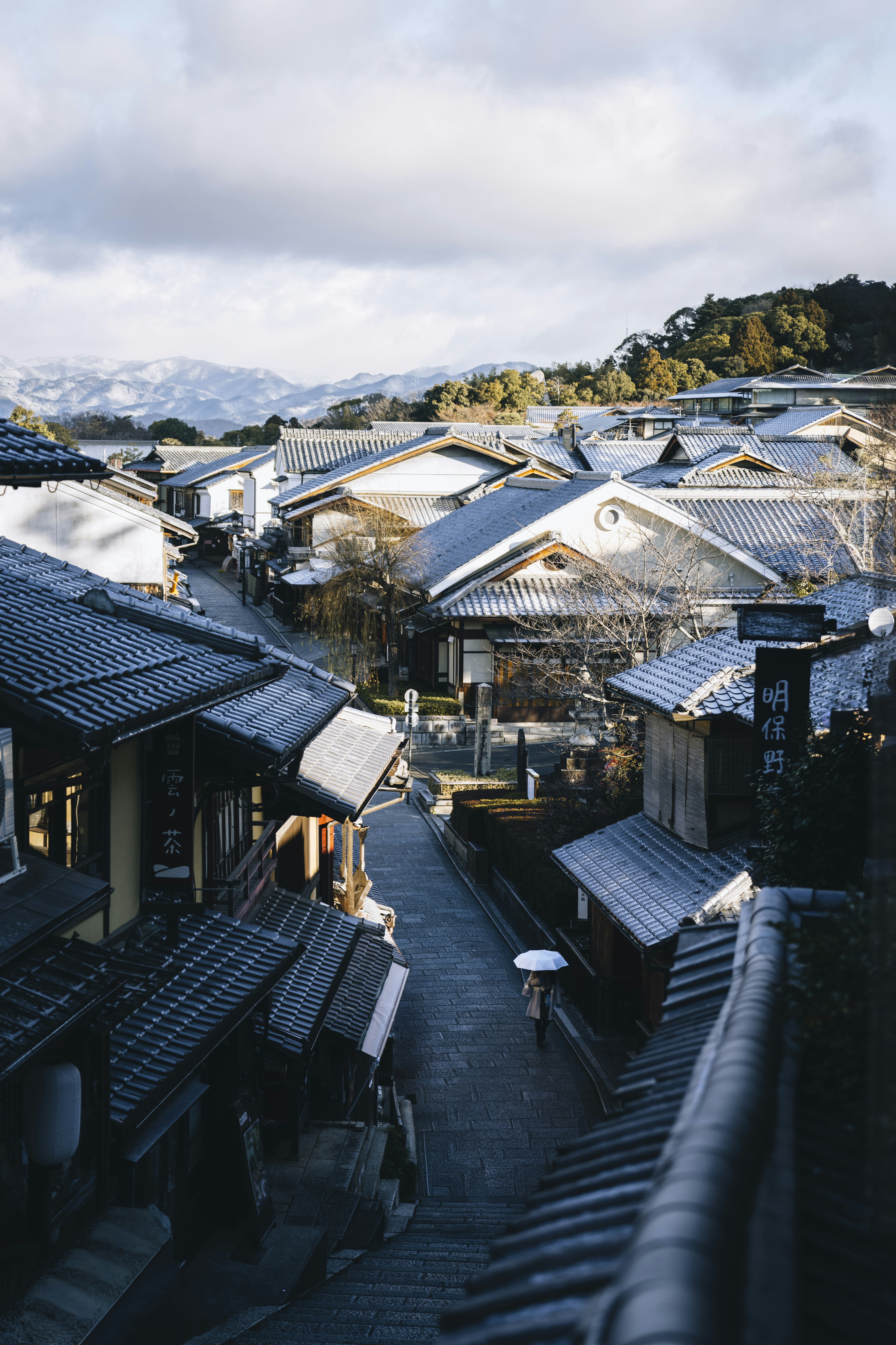 Traditional japanese street with tiled roofs and mountains.