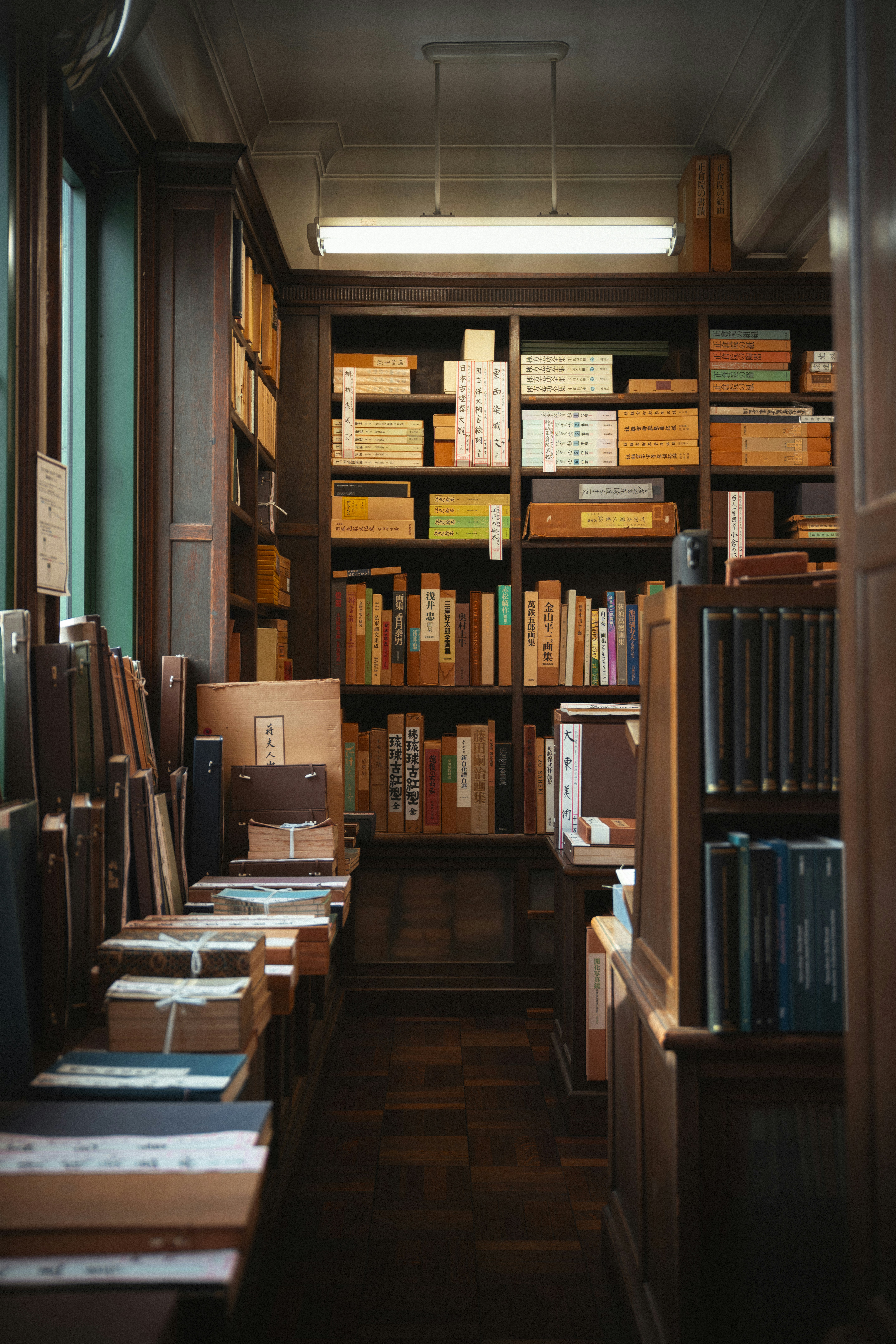 A cozy library filled with books on shelves.