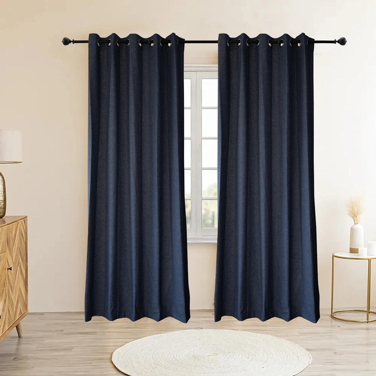 Curtains hanging from a fitted rod above a window