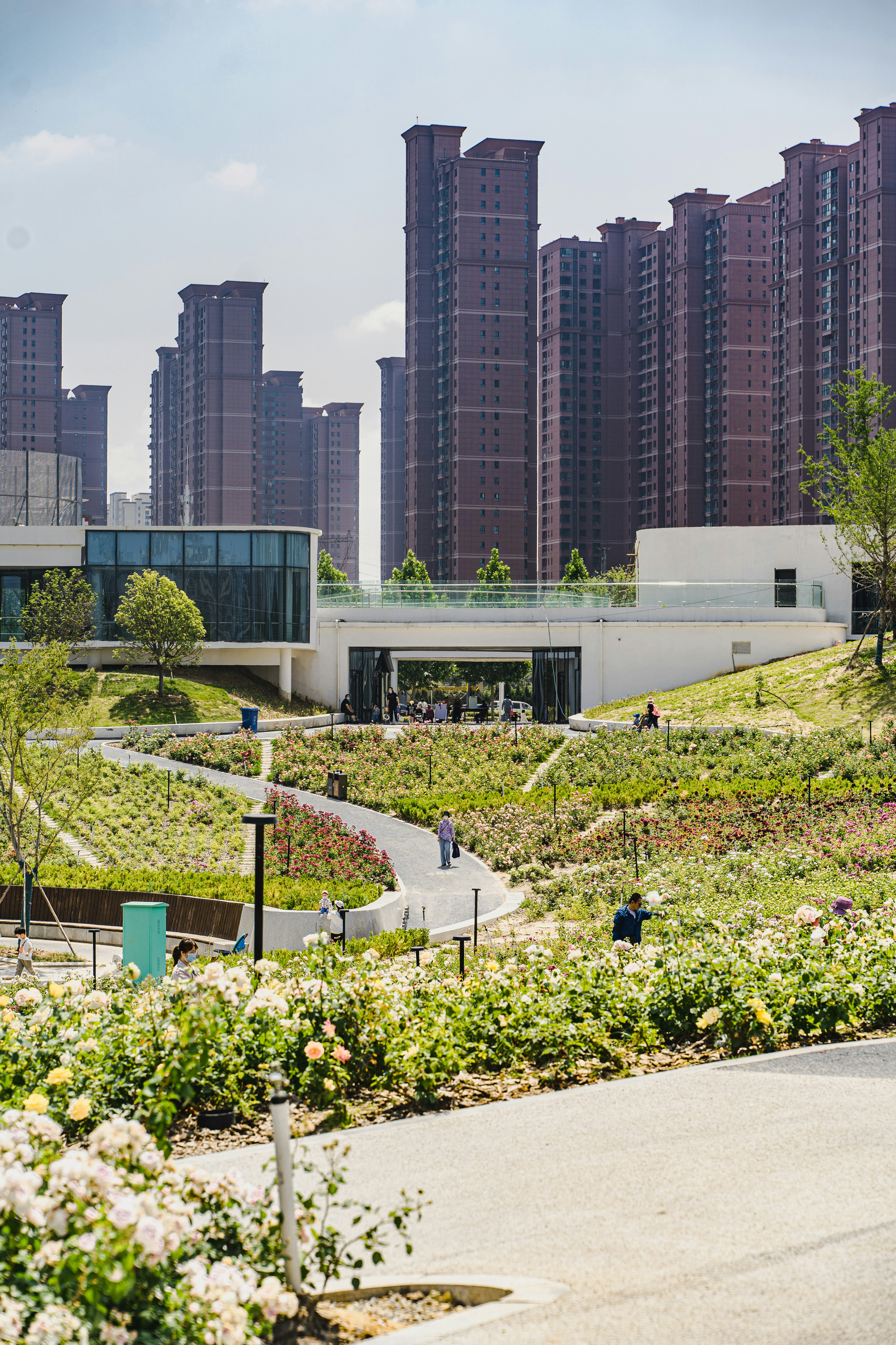 Moderne Wohnhäuser blicken auf einen üppigen Park mit blühenden Blumen.