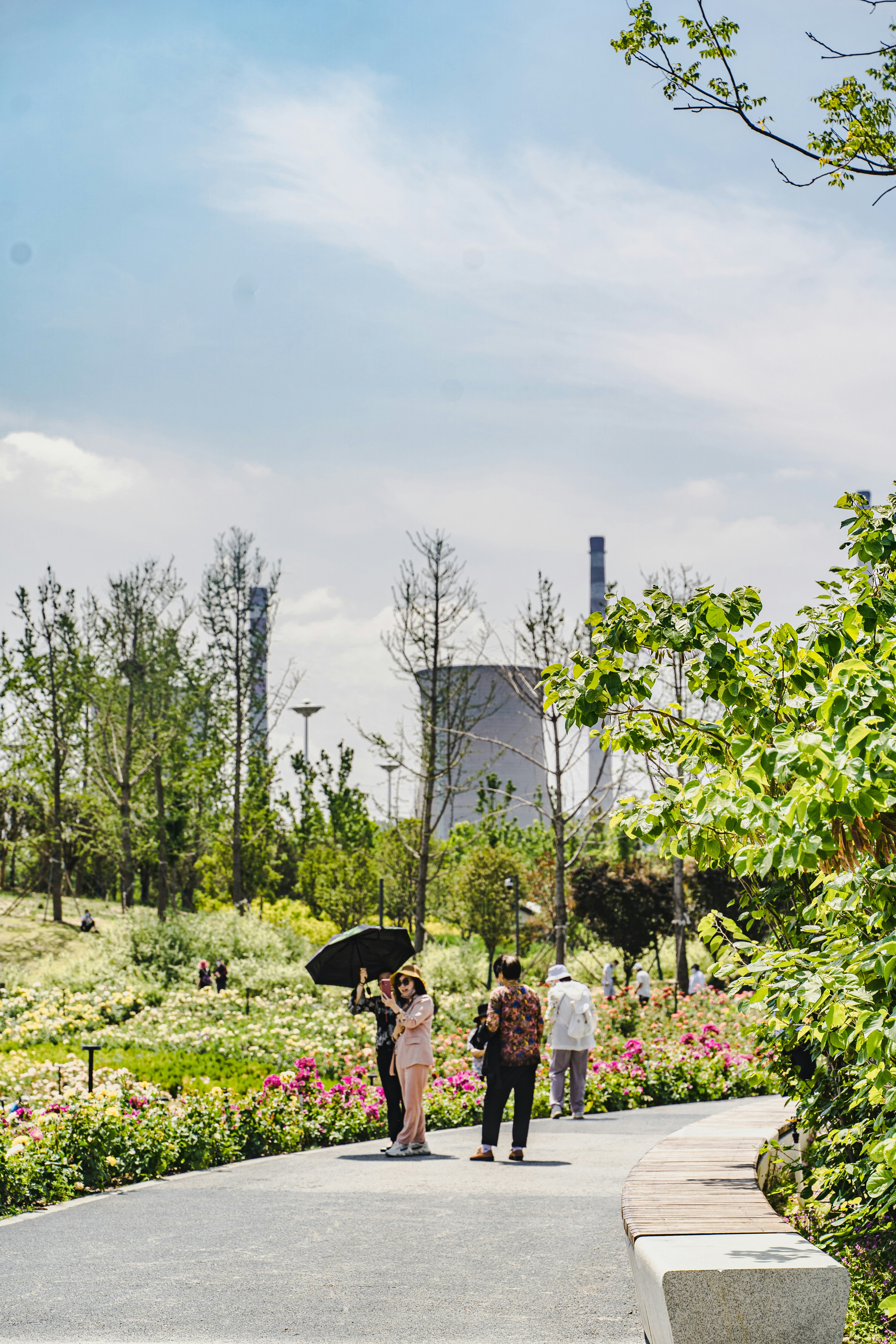 Menschen, die auf einem Pfad durch einen bunten Garten gehen